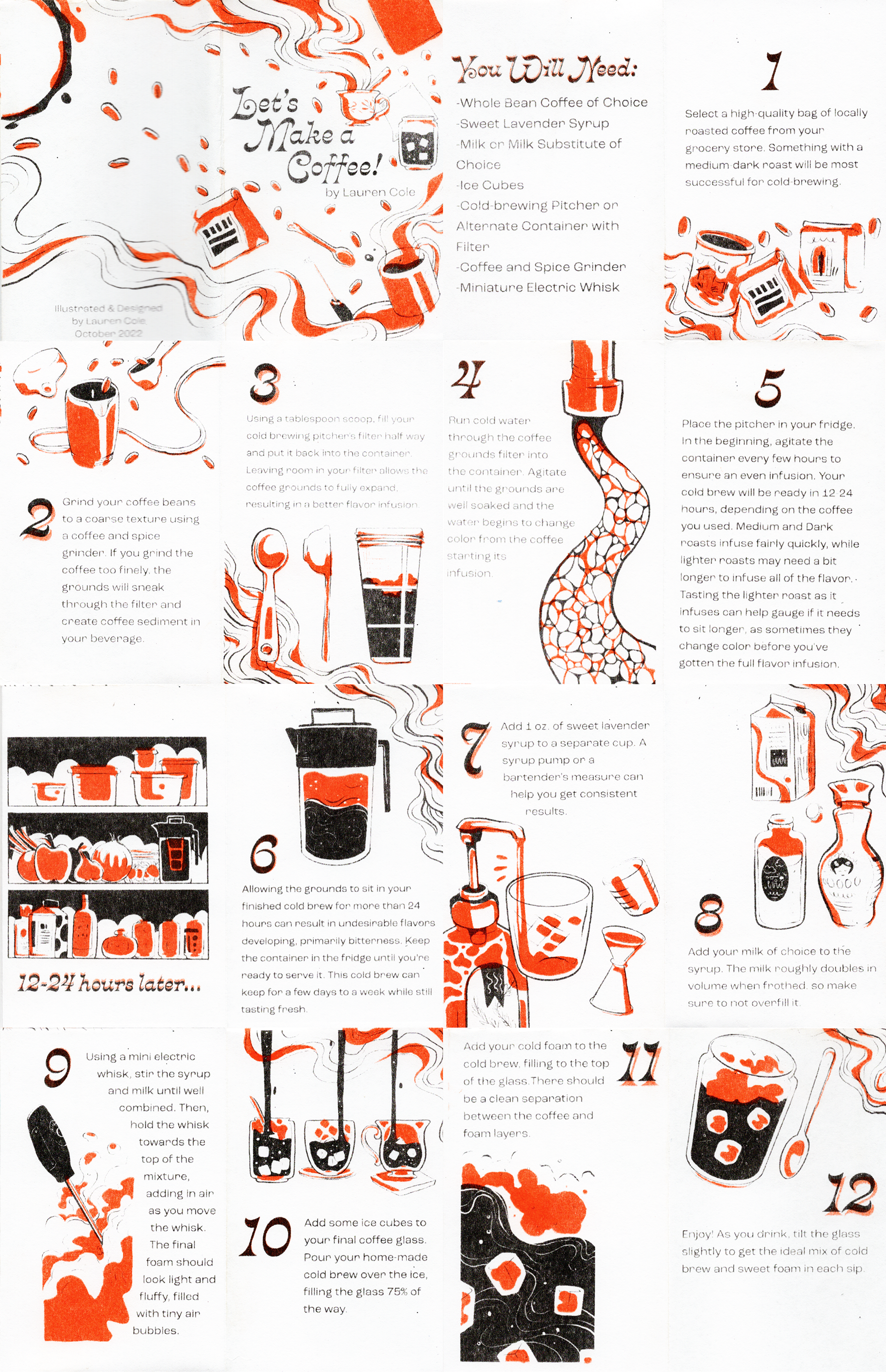 "Let's Make a Coffee," Digital (Illustrations done in Procreate, Layout done in Illustrator)and Risograph MZ 1090 (Printed in Black and Orange)
