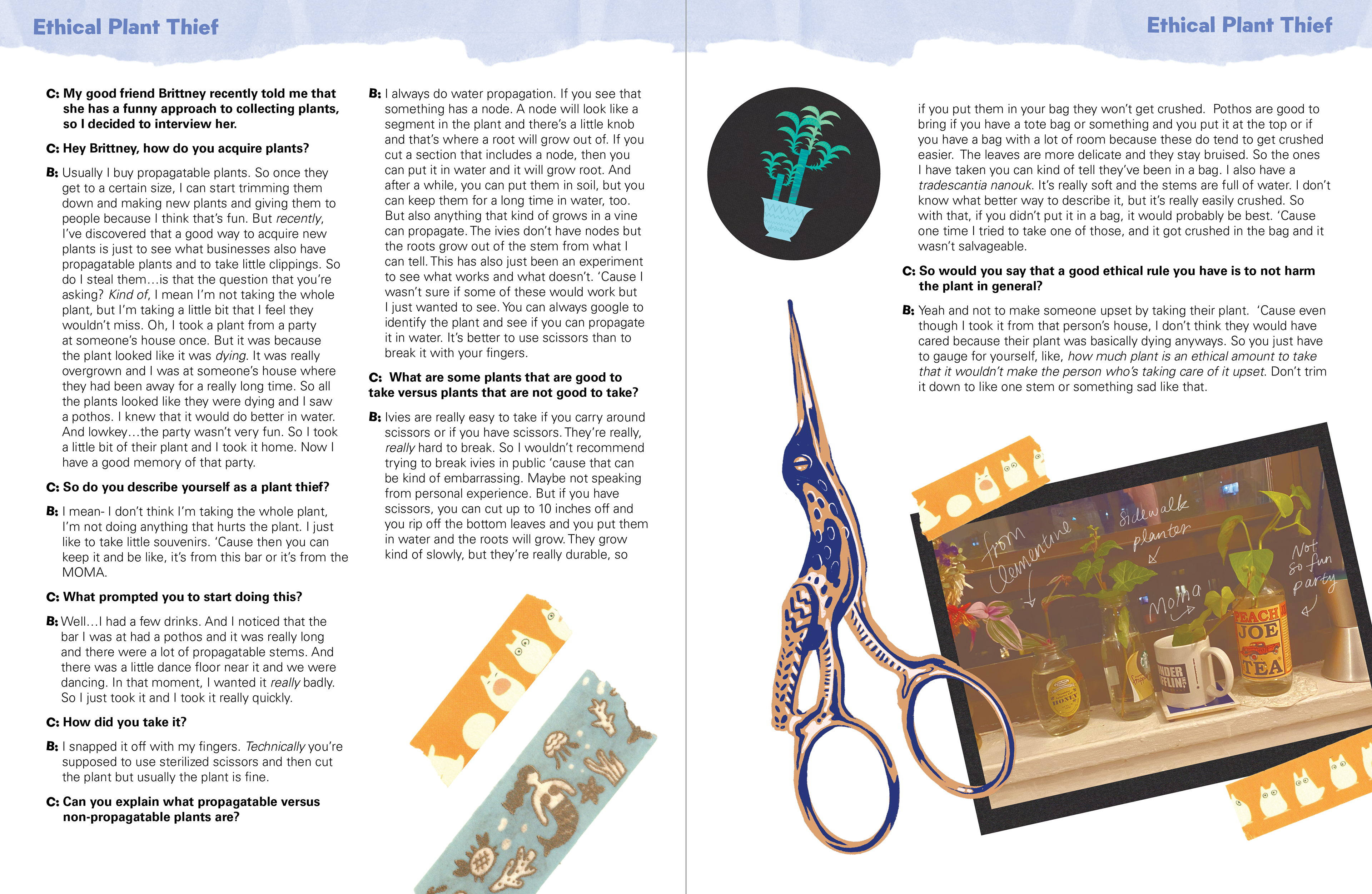 "Ethical Plant Thief Illustrated Content Spread 1," Digital (Illustration done in Procreate, Layout done in Indesign)