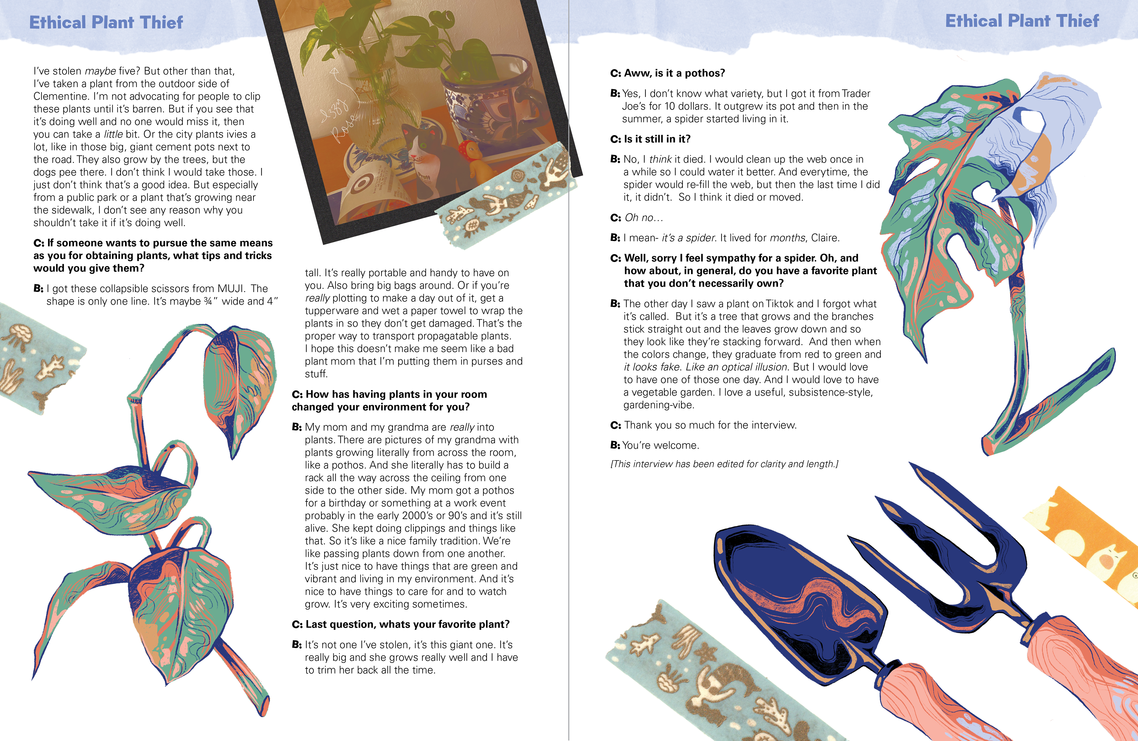 "Ethical Plant Thief Illustrated Content Spread 2," Digital (Illustration done in Procreate, Layout done in Indesign)