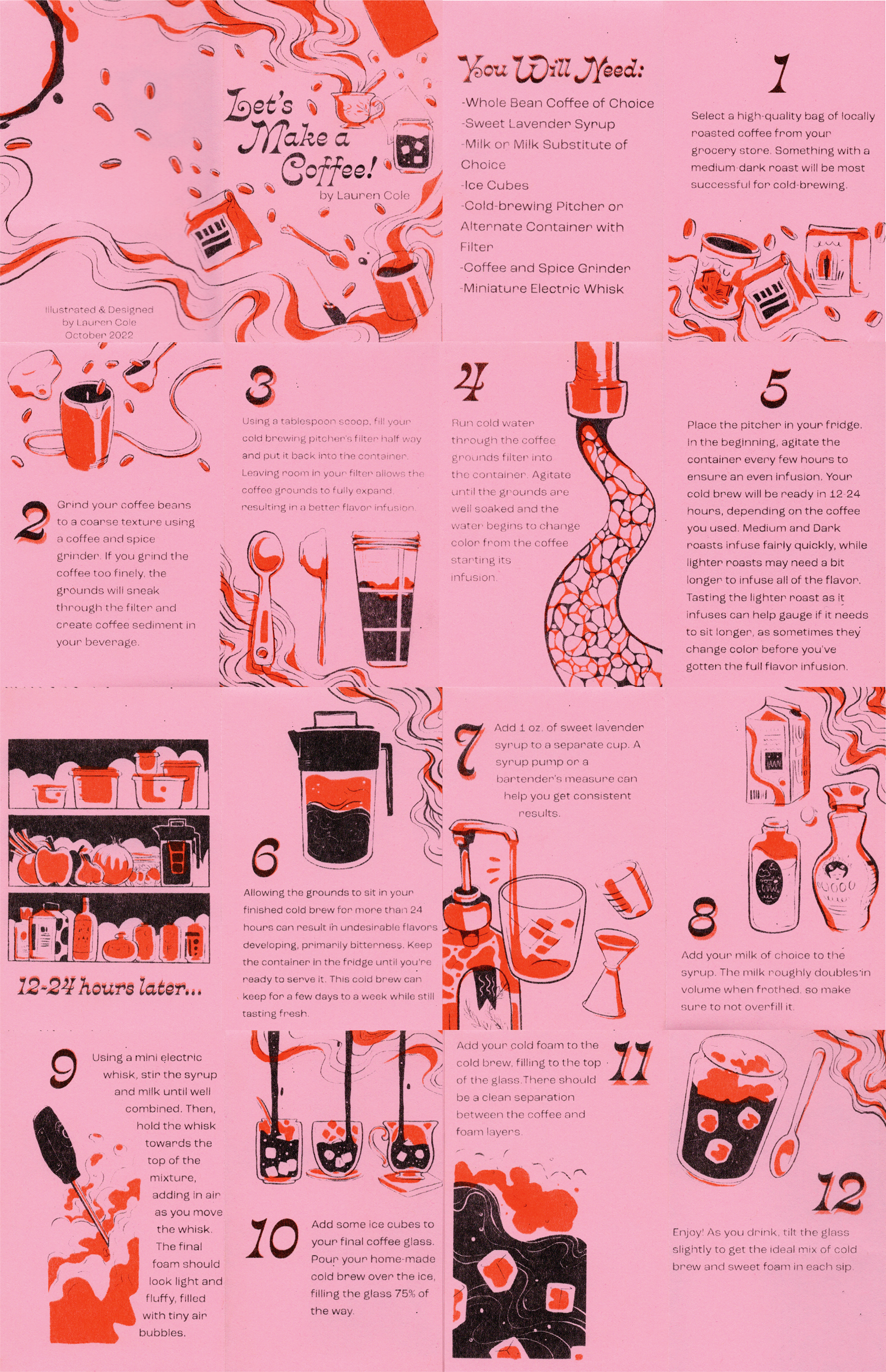 "Let's Make a Coffee," Digital (Illustrations done in Procreate, Layout done in Illustrator)and Risograph MZ 1090 (Printed in Black and Orange)