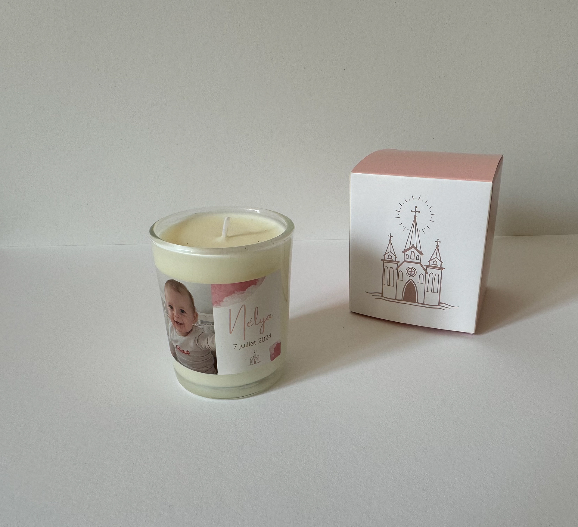 Cadeau de communion (bougie artisanale avec étiquette et boite personnalisée)