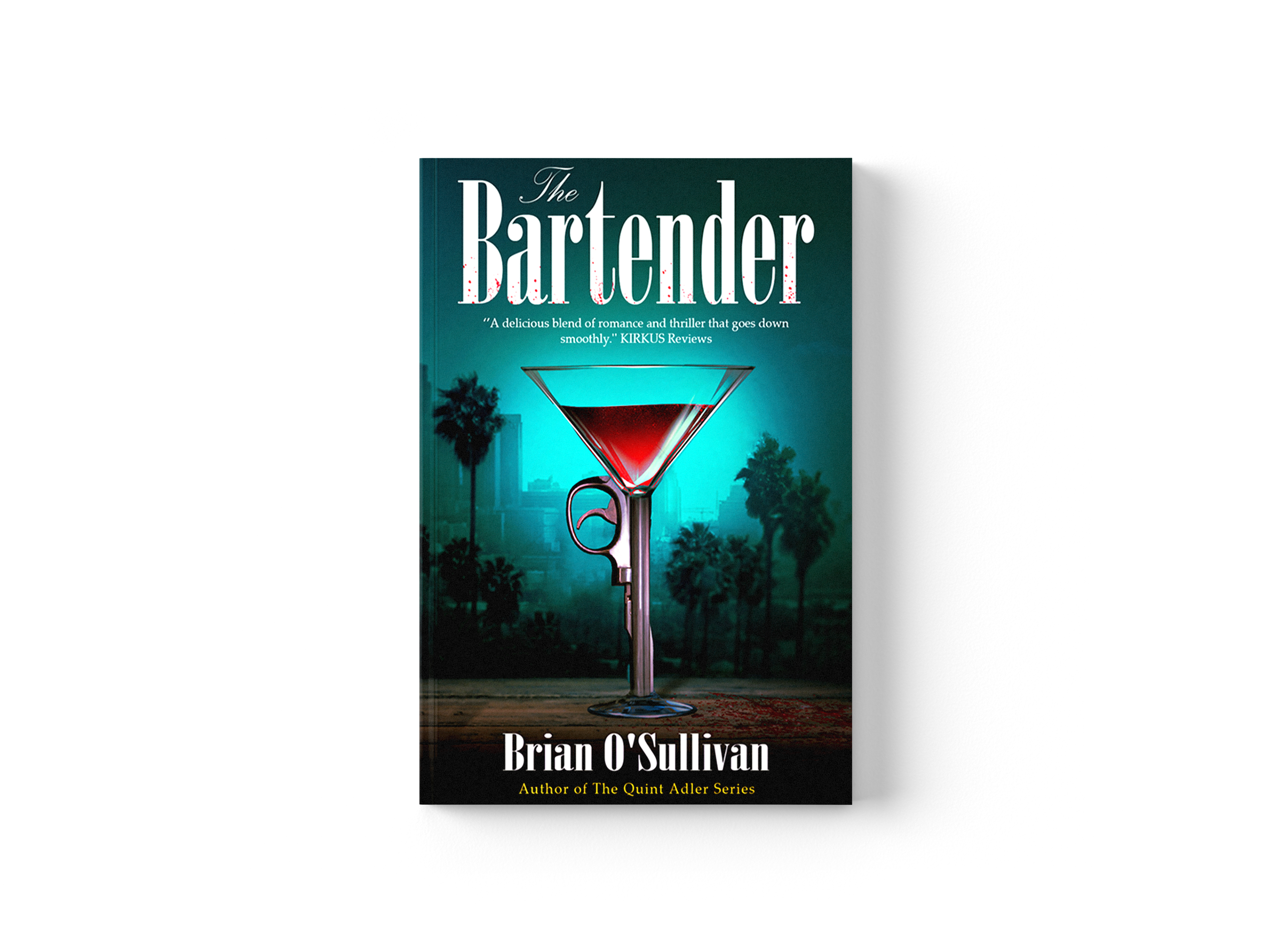 ook cover for The Bartender, a thriller novel with glowing martini glass illustration.