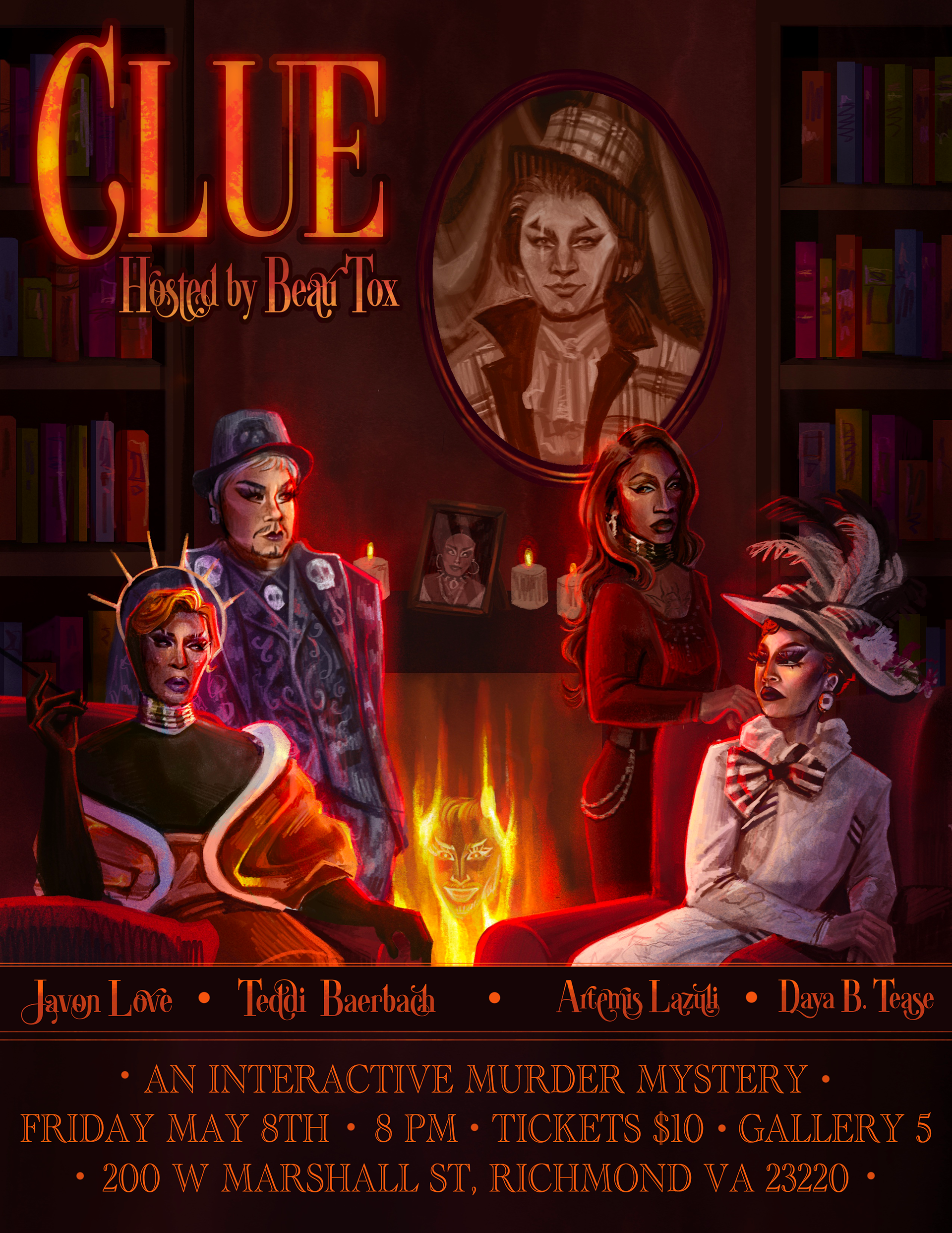 Clue, Procreate- Commission for a murder mystery themed show poster designed to resemble a board game