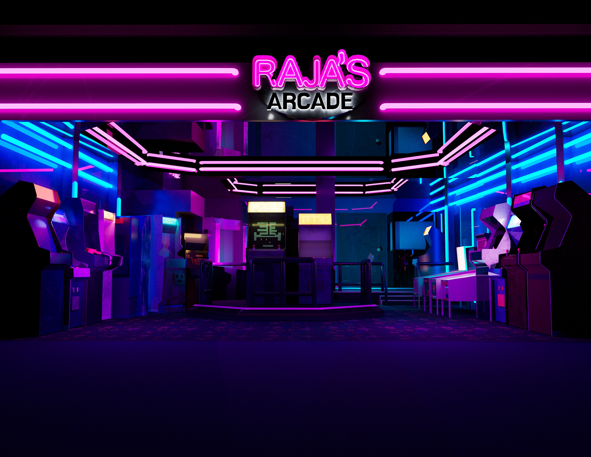 Raja's Arcade, recreation of screenshot from "The Last of Us" TV adaptation, in collaboration with Audrey Morgan. I designed the lighting, and we split modeling and texturing. Completed in Autodesk Maya and Adobe Substance Painter.