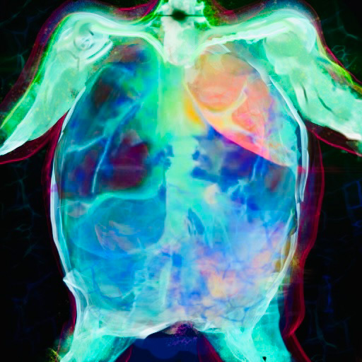 "Shell of the Soul" - A duality of form—at once an X-ray of the chest and the ancient silhouette of a turtle, a paradox of fragility and resilience. The iridescent hues pulse like metabolic activity on a PET scan, mapping the unseen energy within. Is this the shell of a creature adapting to its environment, or the delicate frame of a human body seeking shelter within itself? A meditation on survival, structure, and the echoes of life beneath the surface.