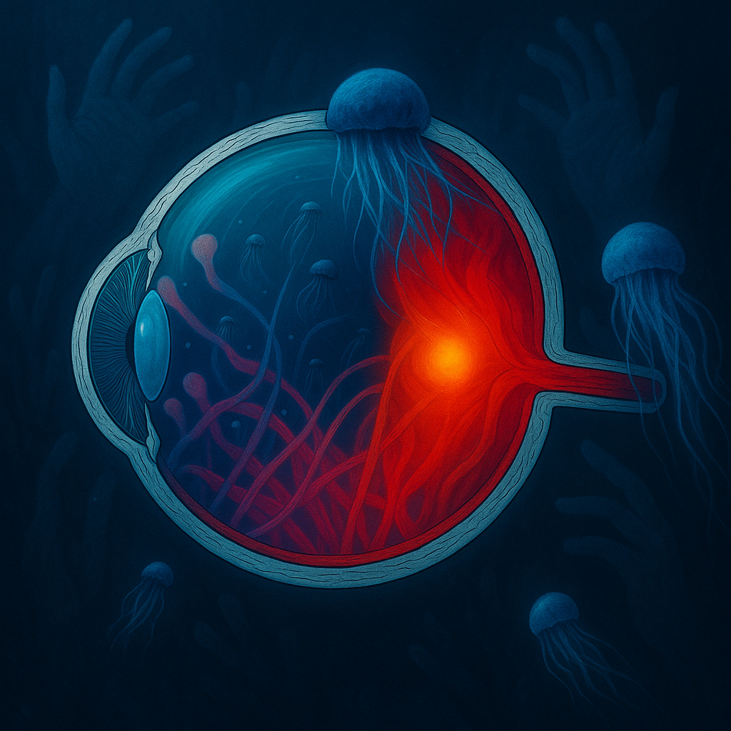 "Depth Perception" - A surreal convergence of ophthalmology and oceanography, where the vitreous humor becomes a deep-sea expanse, and visual floaters morph into drifting jellyfish. This piece blurs the boundary between biological function and imagined perception, a reminder that the eye does not simply see—it interprets, distorts, and transforms reality in ways both clinical and poetic. Inspired by a patient’s description of floaters in their vision, this artwork transforms a clinical phenomenon into an ethereal dreamscape.