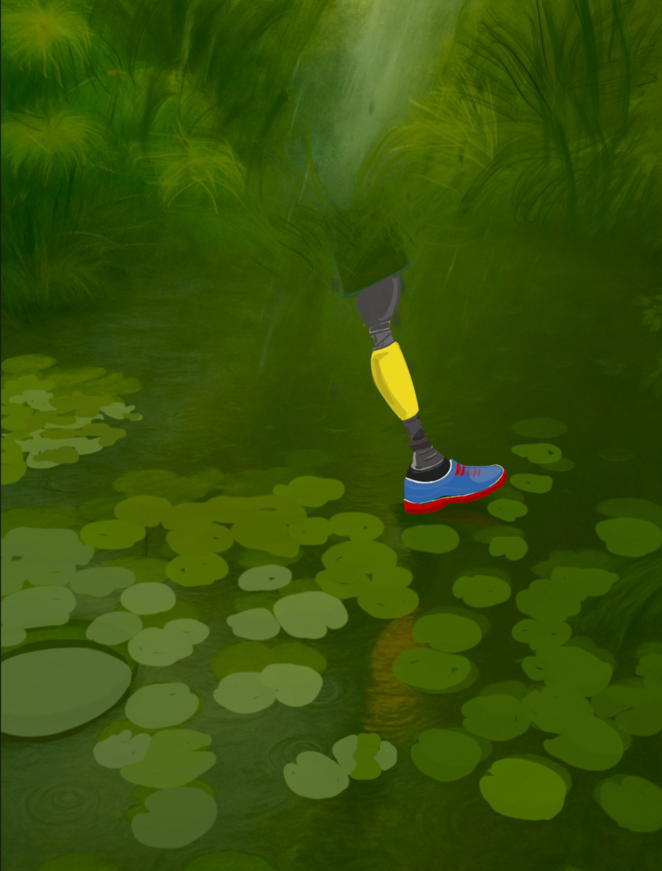 "Across" – A rain-slicked botanical garden becomes a stage for the extraordinary, where lily pads form a path too fragile to hold a step, and yet, the journey continues. The reflection of a prosthetic leg in the rippling water blurs the line between the possible and the impossible, echoing the quiet persistence found in rehabilitation medicine. In this piece, the stillness of nature is in dialogue with human determination, each raindrop a marker of progress, each ripple a reminder of resilience. Inspired by the experiences of PM&R patients, Across transforms the act of moving forward into a visual testament to courage and the will to transcend limits.