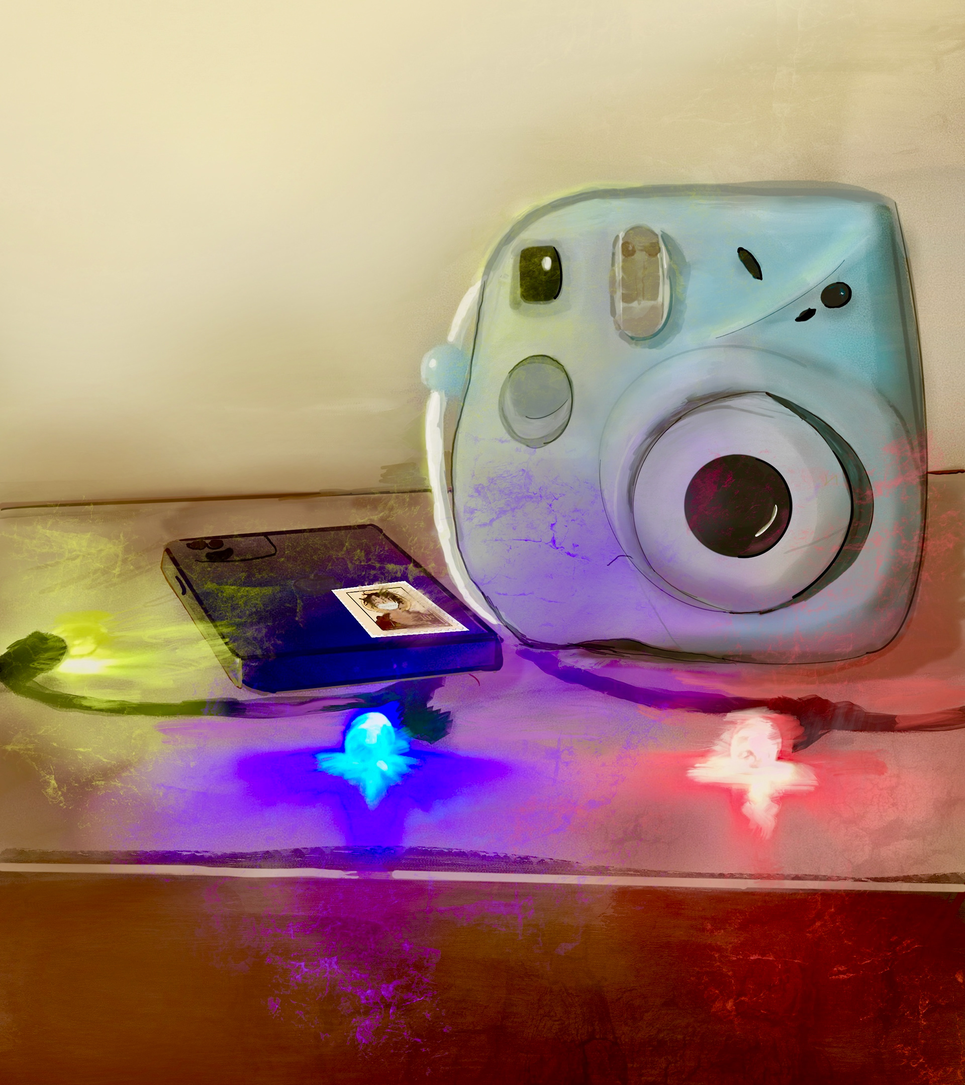 "Neuropathic Reverie" - A fragmented recollection, where memory flickers between clarity and distortion—like synapses misfiring in an aging mind. The instant camera, a hippocampus of sorts, struggles to retain what is already slipping away. The glow of scattered lights mirrors the remnants of neural connections, illuminating what is left behind in the ever-fading archive of consciousness.