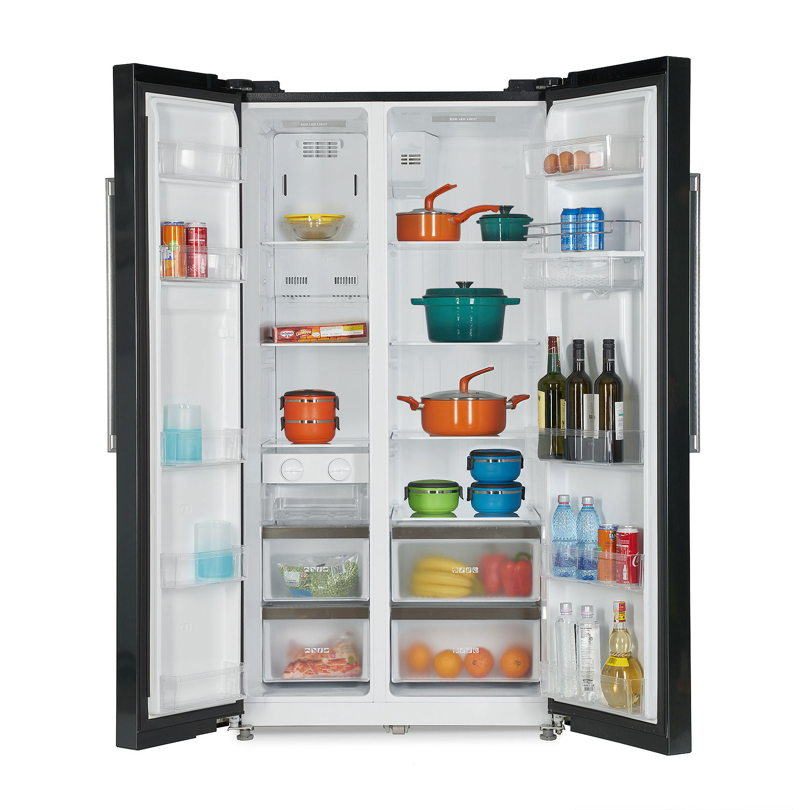 Combina frigorifica double side negru Heinner interior cu produse