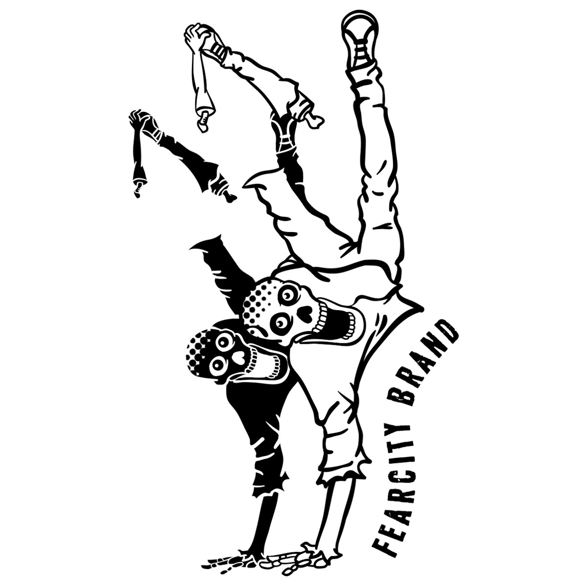 Break dancing zombie skeleton doing a one handed freeze with a broken arm and leg