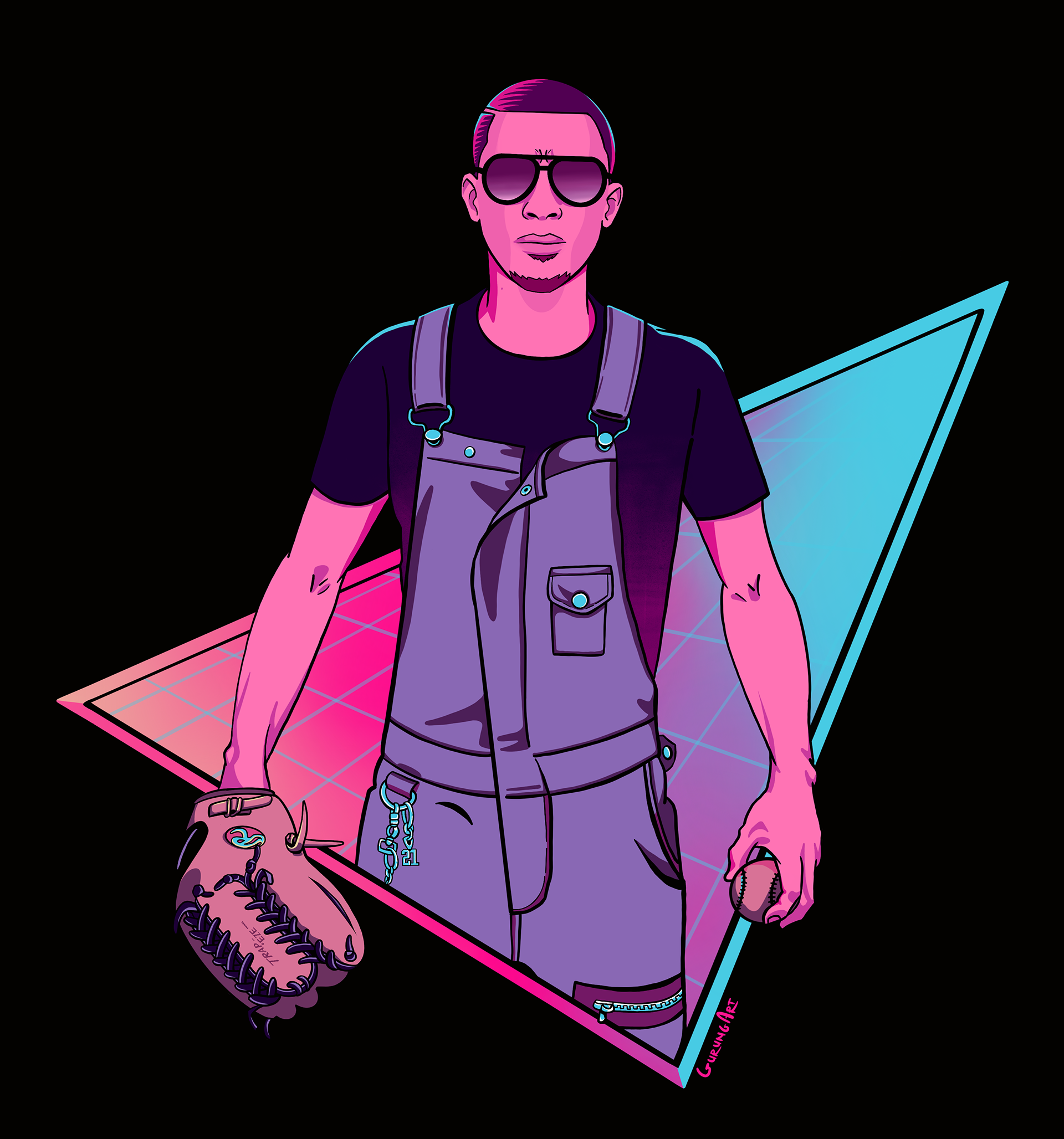 Baseball fan holding a glove and baseball. Colors inspired by retro designs from the 80's