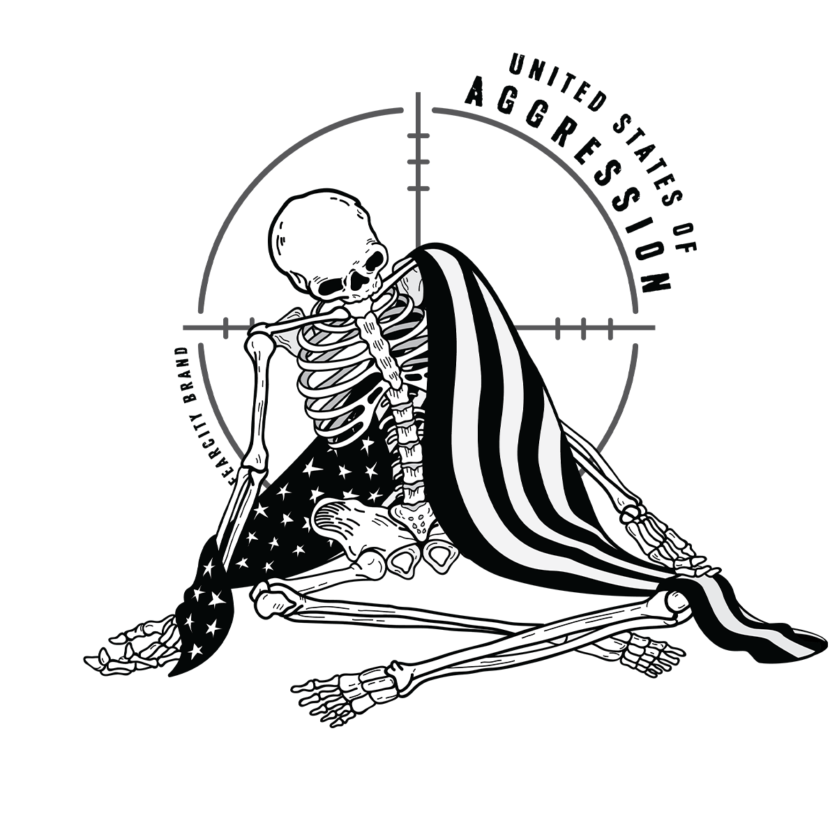 seated human skeleton wrapped in American flag - Fearcity Brand