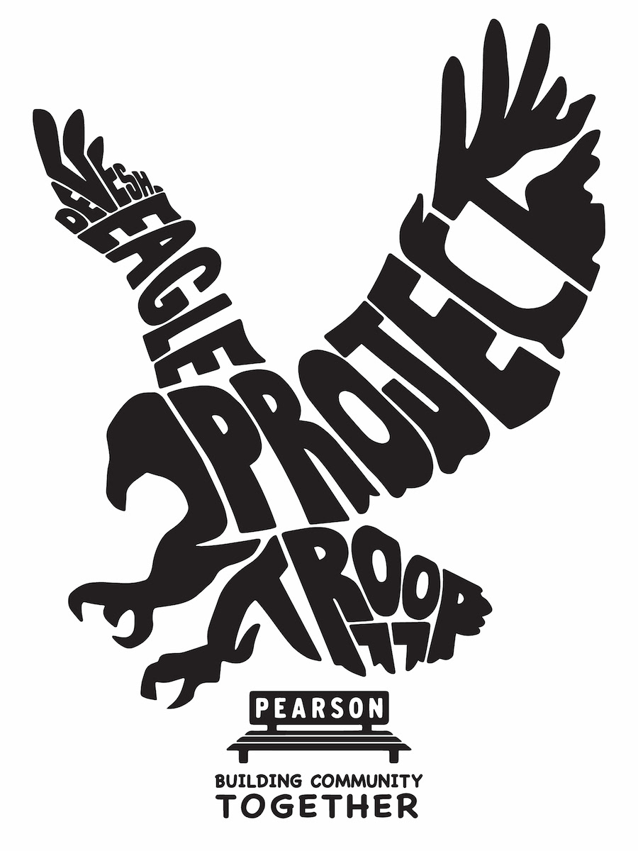 Eagle scout design of an eagle spelling out "Devesh Eagle Project Troop 77" flying over a bench "Pearson Building community together" 