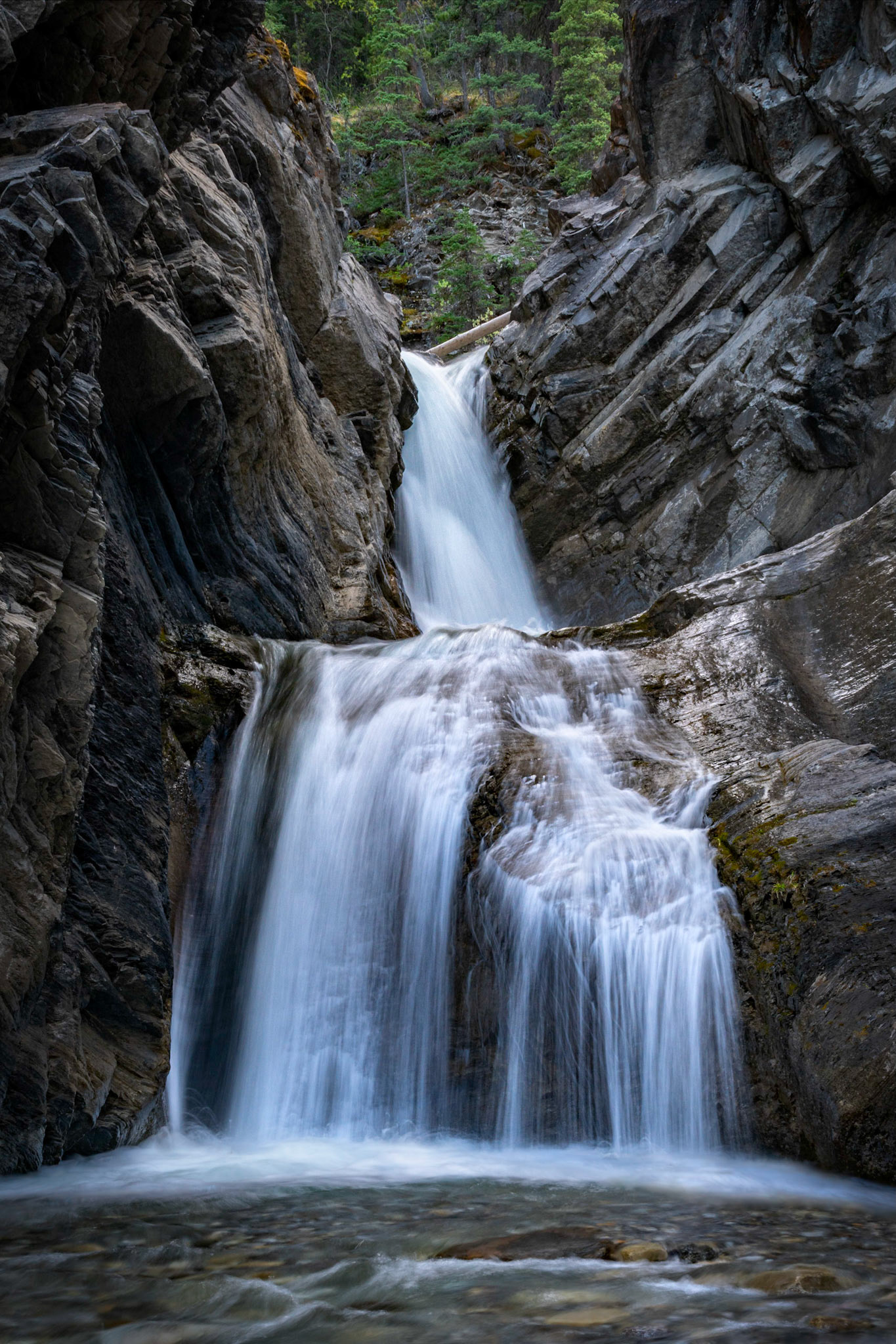 Glacial meltwater finds its way through a canyon in the Alberta Rockies.