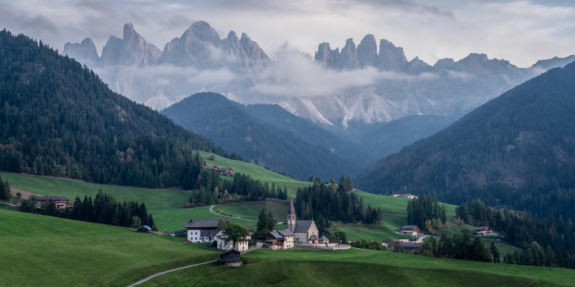 The Village of St. Magdalena, nestled in the Val di Funes in the South Tyrol region of the Dolomites.