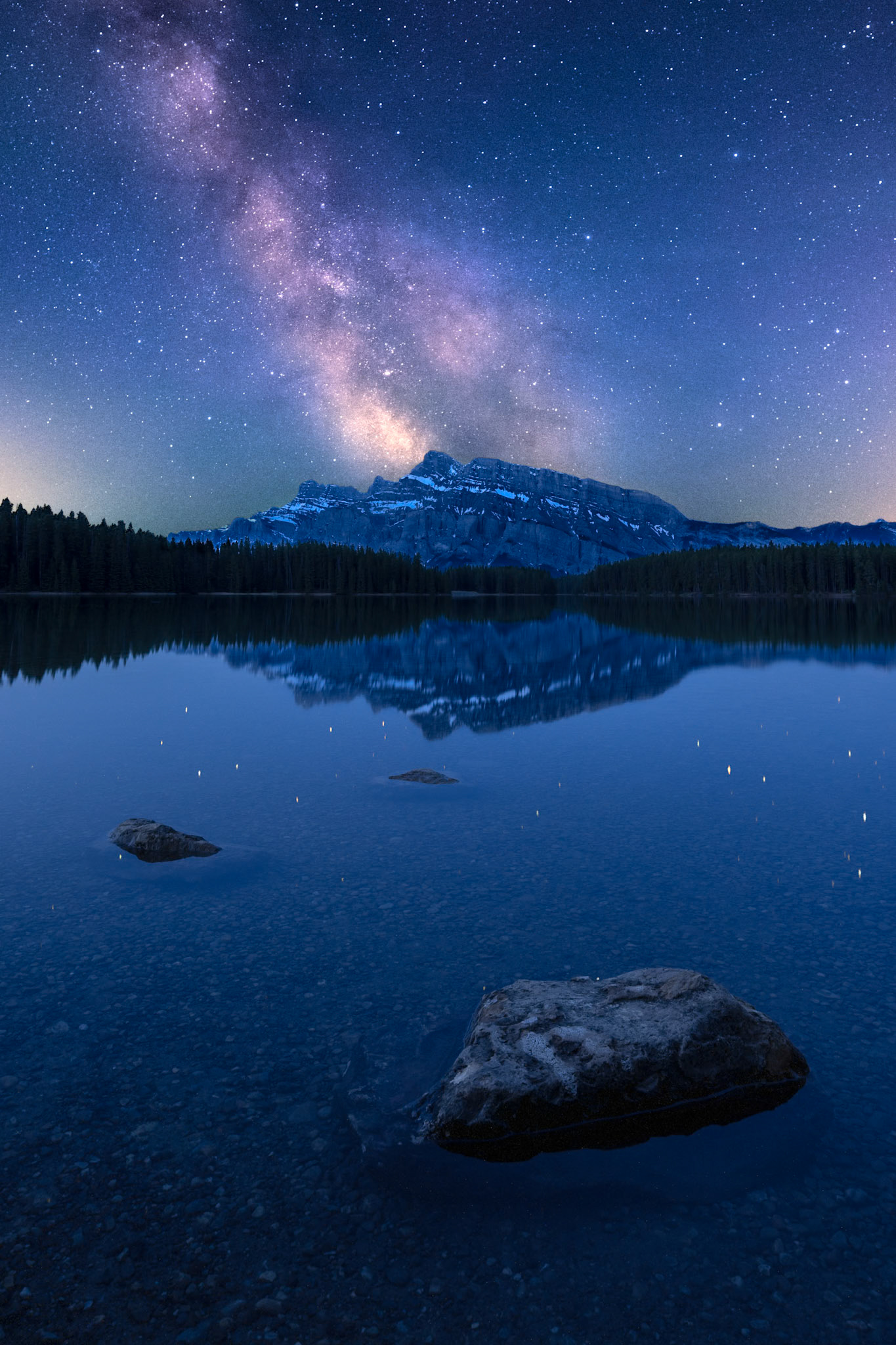 The Milky Way rises above Mt. Rundle in Banff National Park, Alberta on a calm, quiet May night.