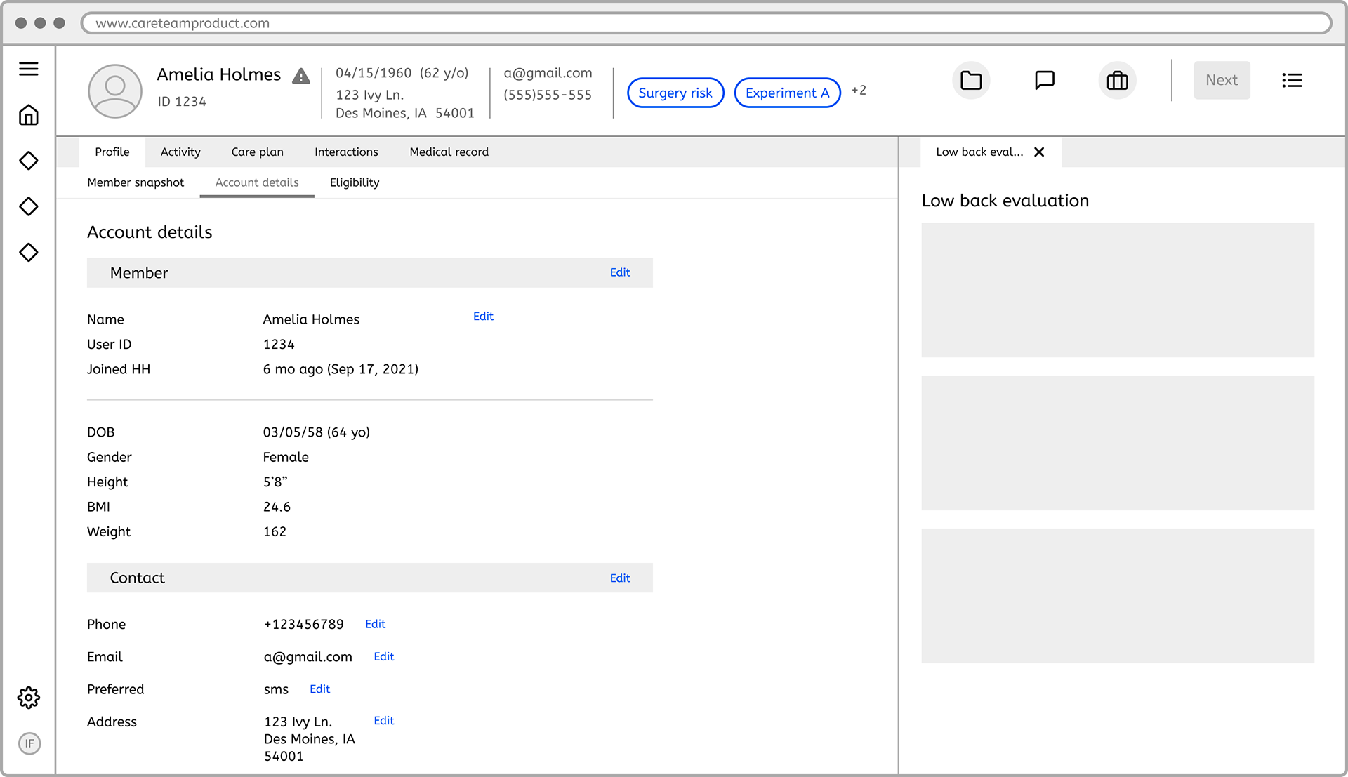 Account details editing from section and individual data point