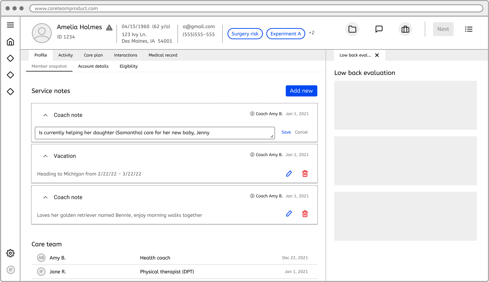 Inline editing of service note. Care team specialist can access from icons where they can edit or delete