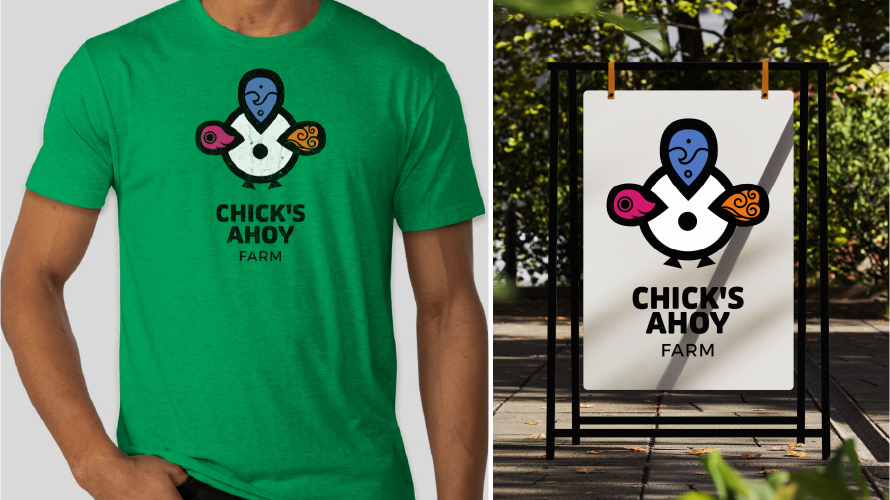 Chick’s Ahoy Farm logo applied to t-shirt and outdoor sign.