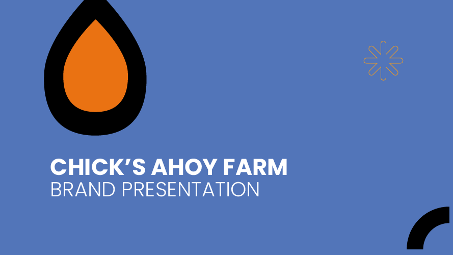 Chick’s Ahoy Farm brand presentation cover with abstract seed icon on blue background.