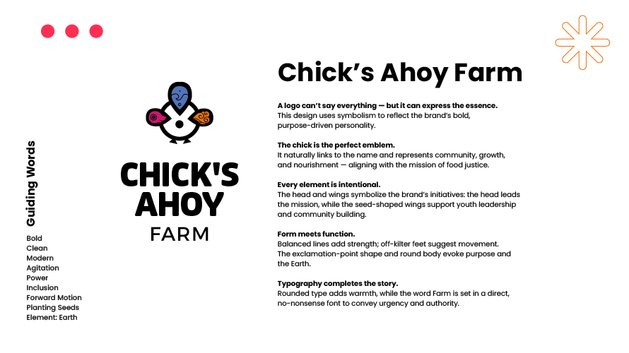 Chick’s Ahoy Farm logo with elemental chick illustration and brand explanation.