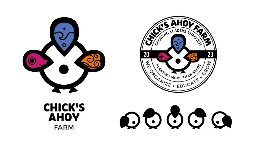 Abstract chick symbol with four elemental icons and circular seal variation.