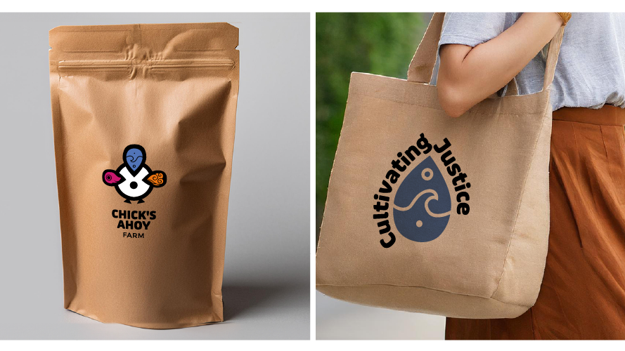 Chick’s Ahoy Farm coffee-style packaging and Cultivating Justice tote bag mockup.