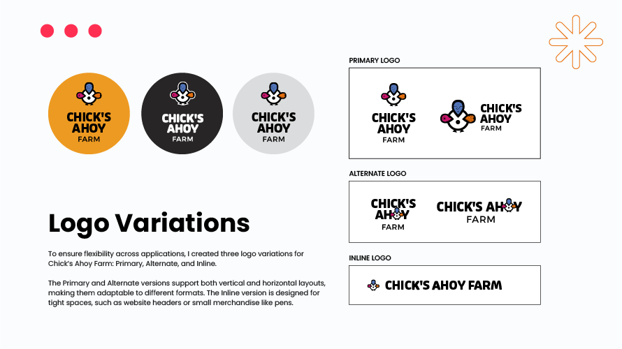 Chick’s Ahoy Farm primary, alternate, and inline logo formats.
