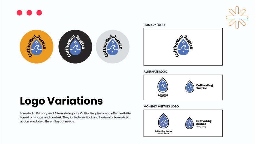 Cultivating Justice logo shown in multiple colorways and layout formats.