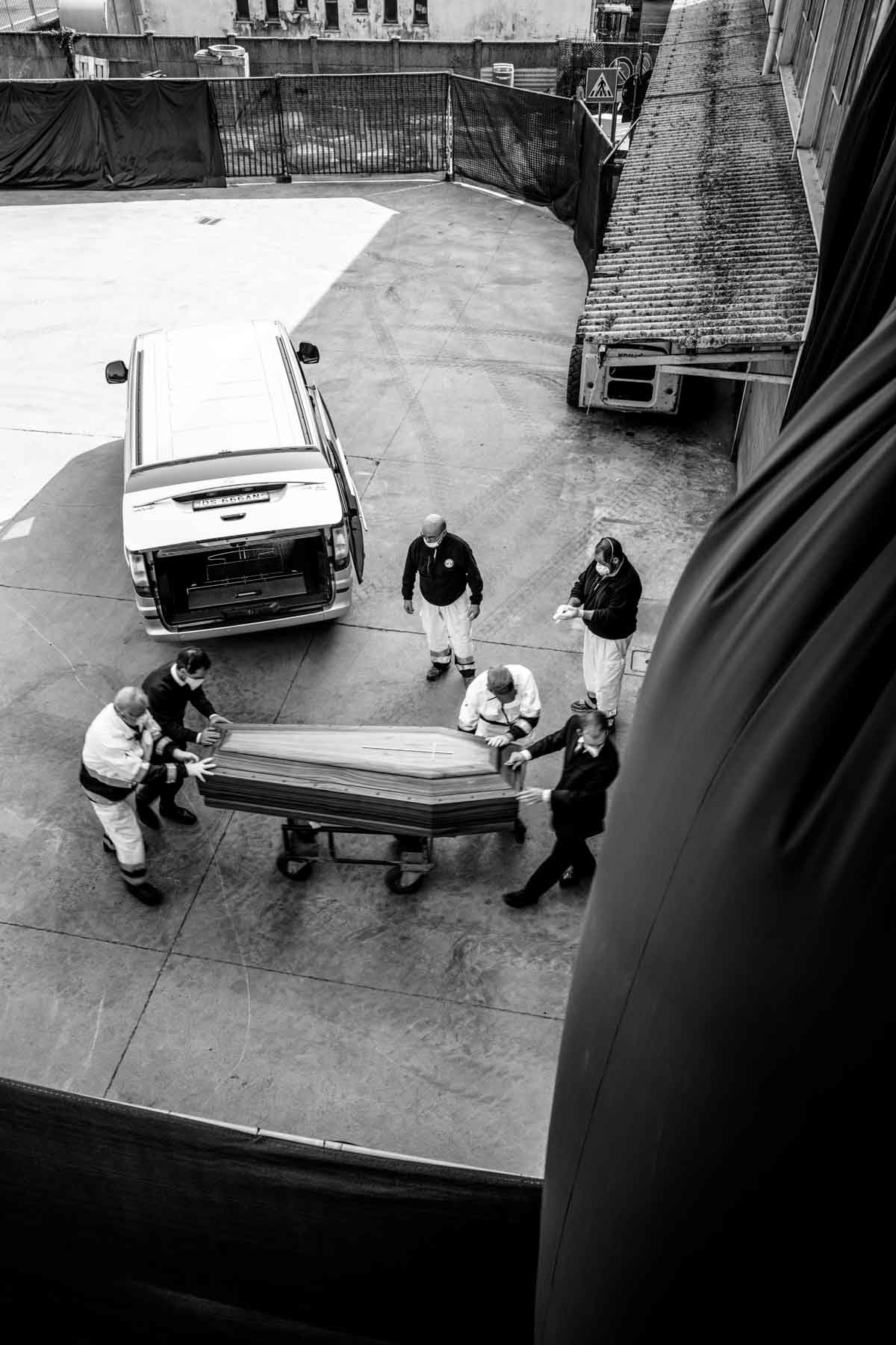 A coffin arriving the emergency morgue