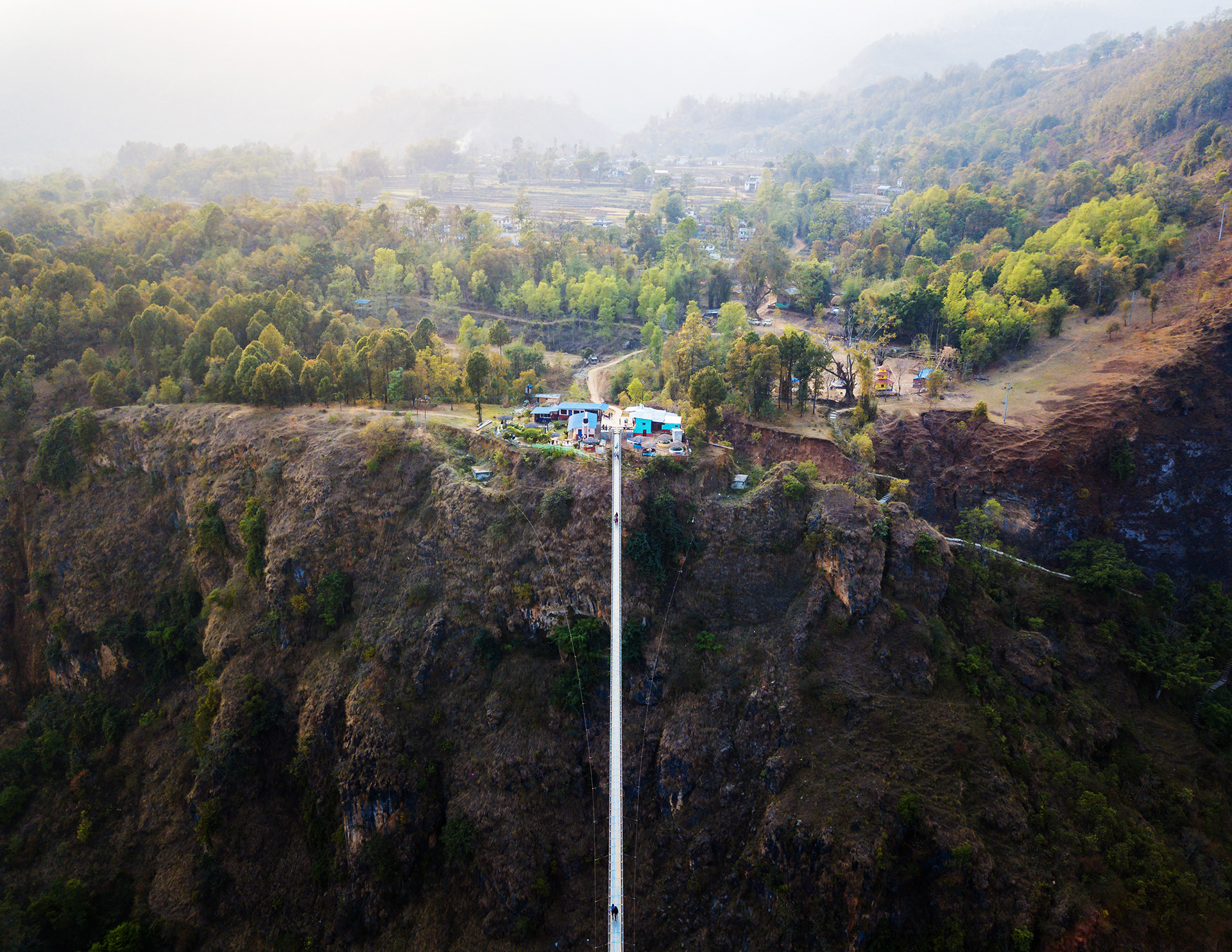 Aerial view of the suspension bridge over the Kali Gandaki river between Kushma and Balewa in Nepal
