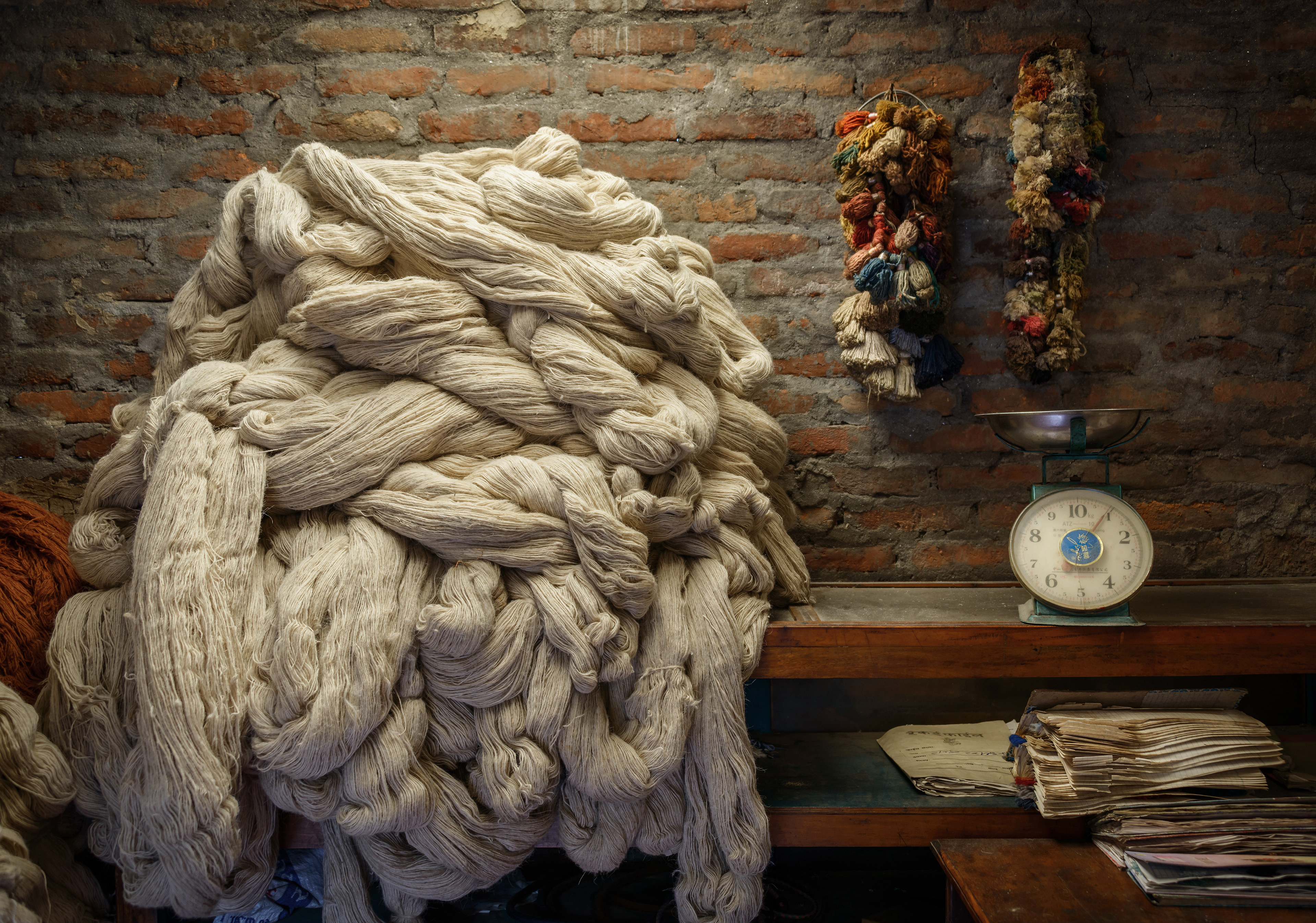 Plain wool in a rug factory, Kathmandu, Nepal