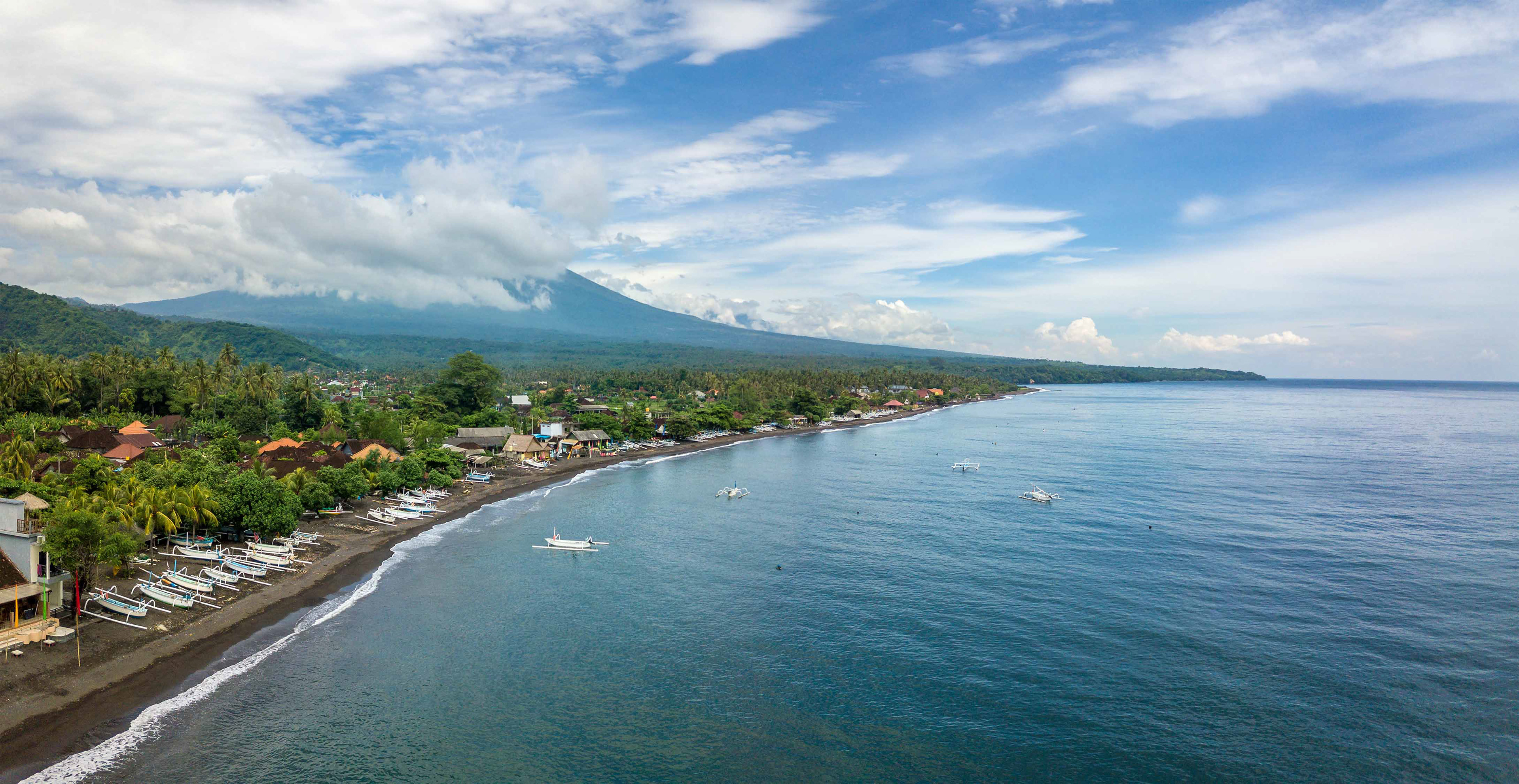 Aerial view of Amed beach in Bali, Indonesia
