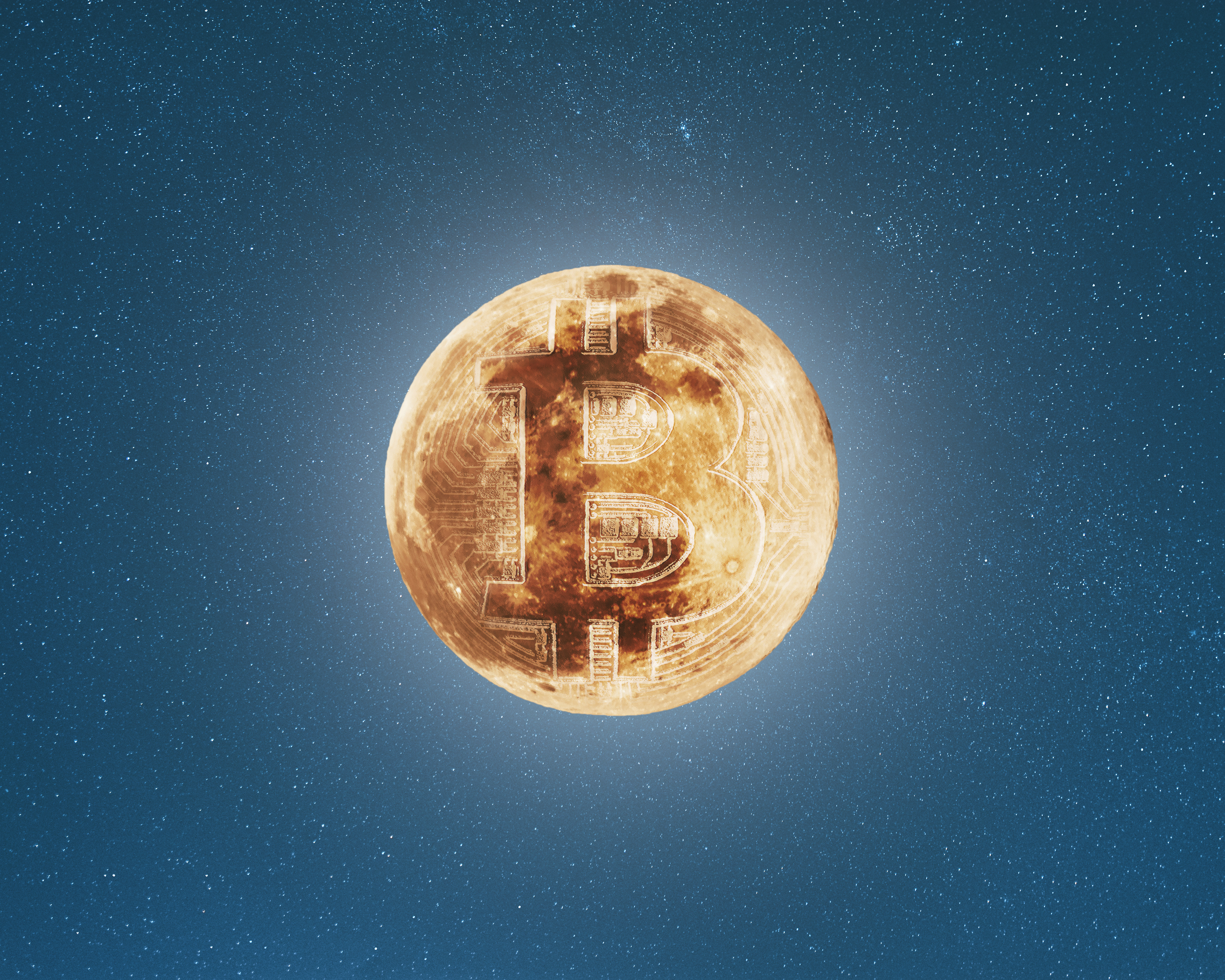 Bitcoin symbol on the moon, starry sky background