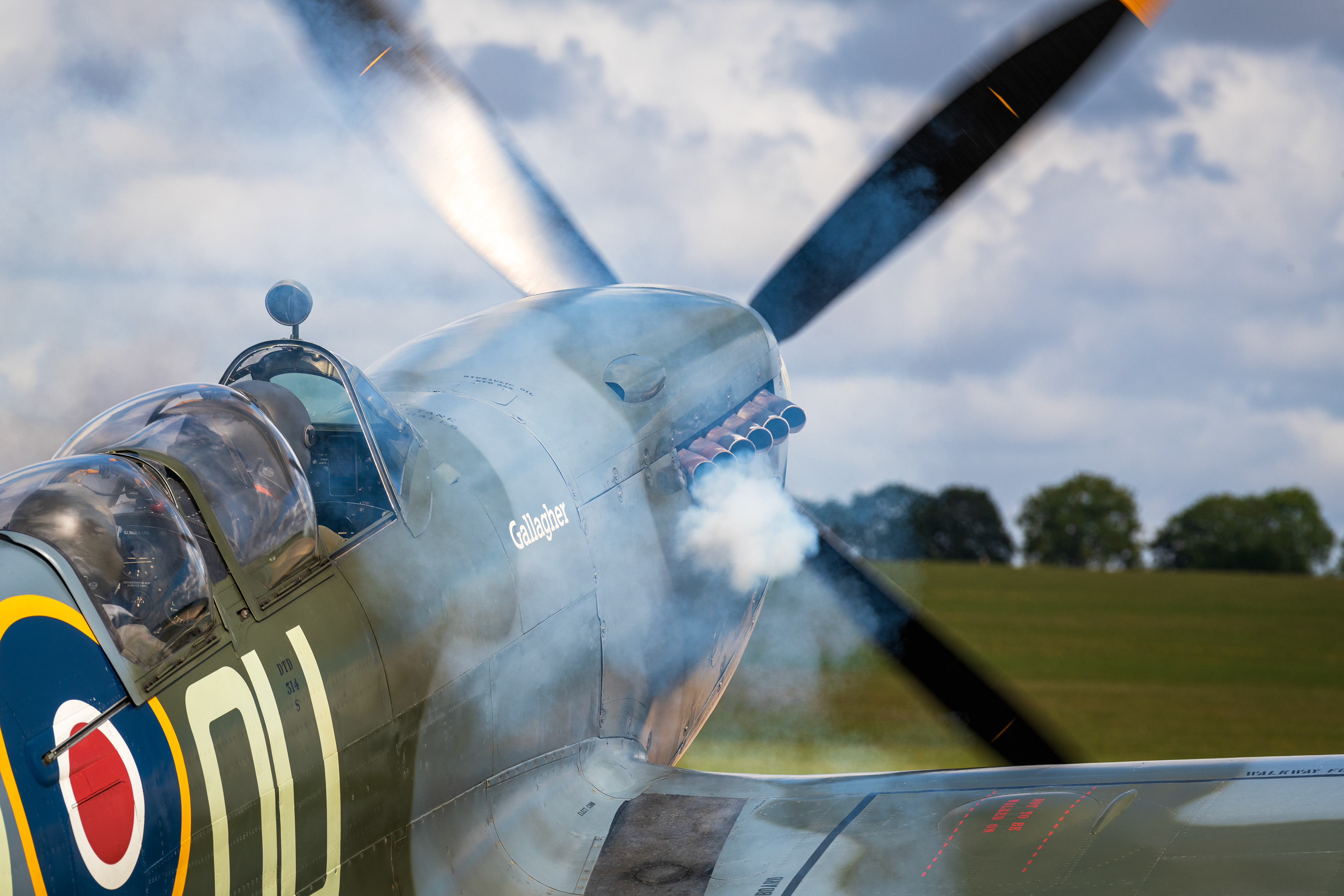 Supermarine Spitfire starts with a smallpuff of smoke