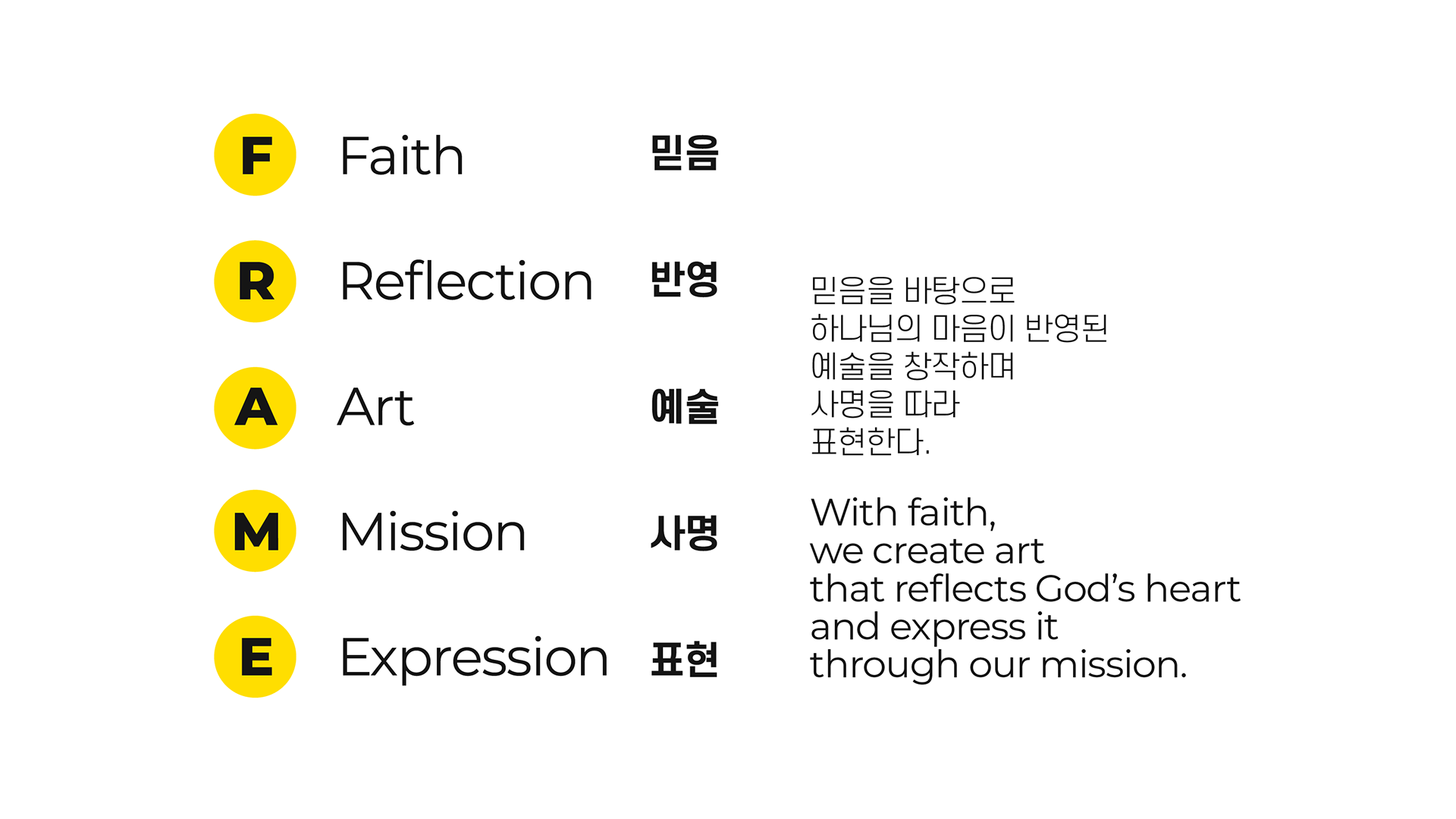 With faith, we create art that reflects God’s heart and express it through our mission. 믿음을 바탕으로 하나님의 마음이 반영된 예술을 창작하며 사명을 따라 표현한다.