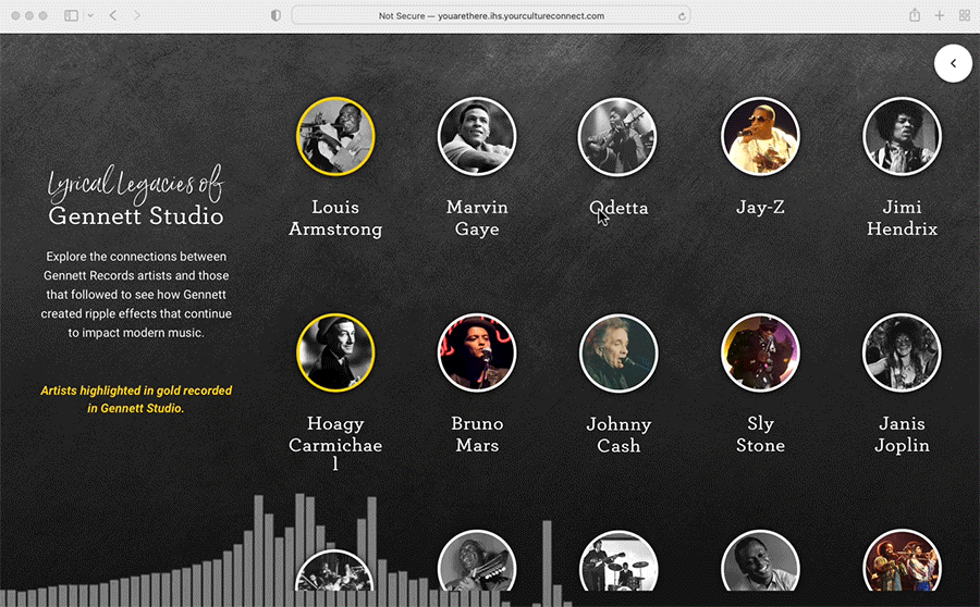 Animated gif of the Lyrical Legacies page in the website, showing an animation of soundwaves in the background