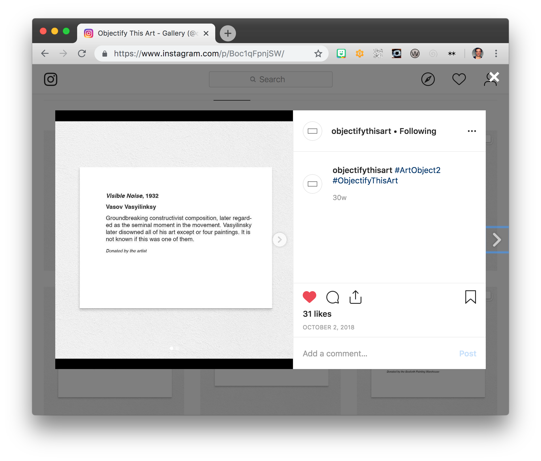Closeup of a user-generated label "installed" in the instagram gallery.