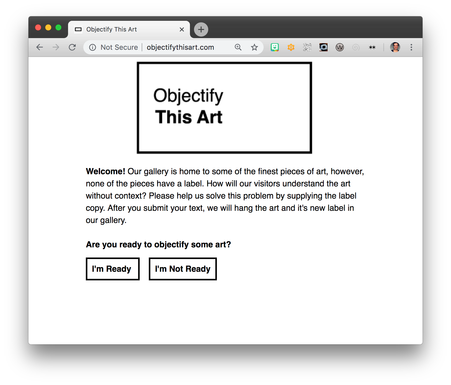 Screenshot of ObjectifyThisArt.com homepage.