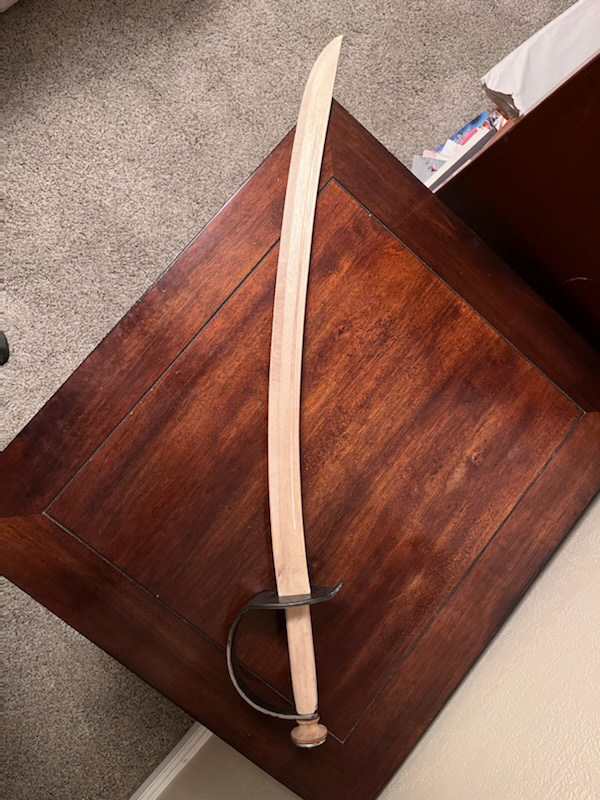 Raw sword with hammered steel guard and drawer-pull pommel