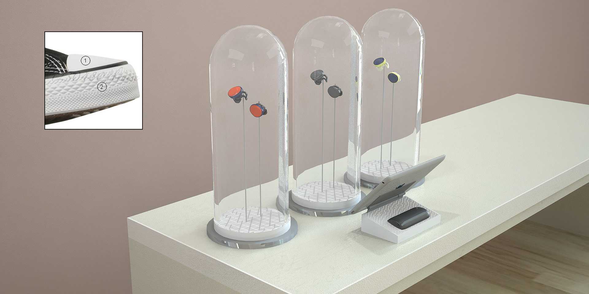 BOSE SoundSport Free wireless headphones - bell jar concept- rubber textured bases mimic sneaker foxing