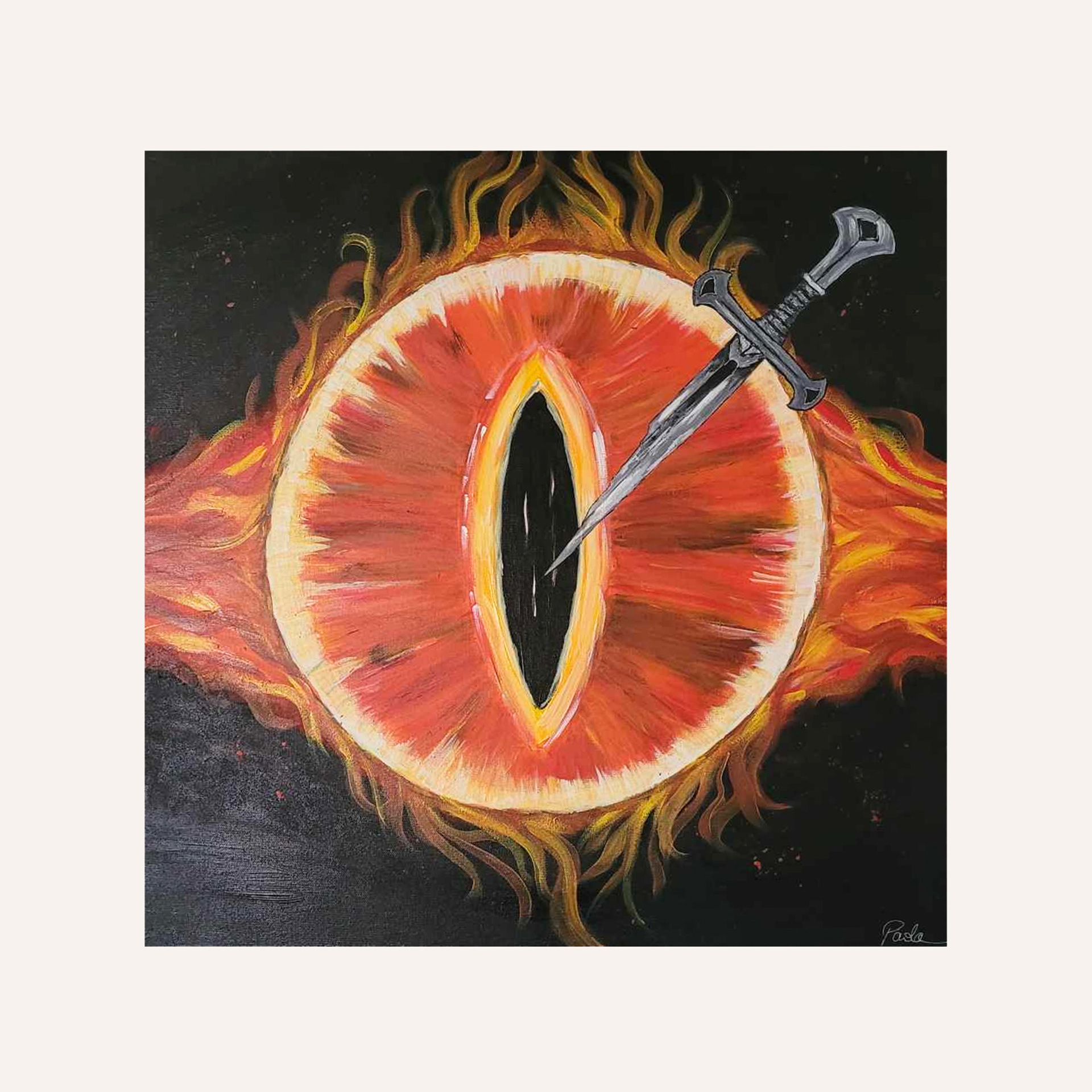 "L'œil de Sauron et l'épée de Narsil", 60x60, toile 3D, 2024. Collection privée.