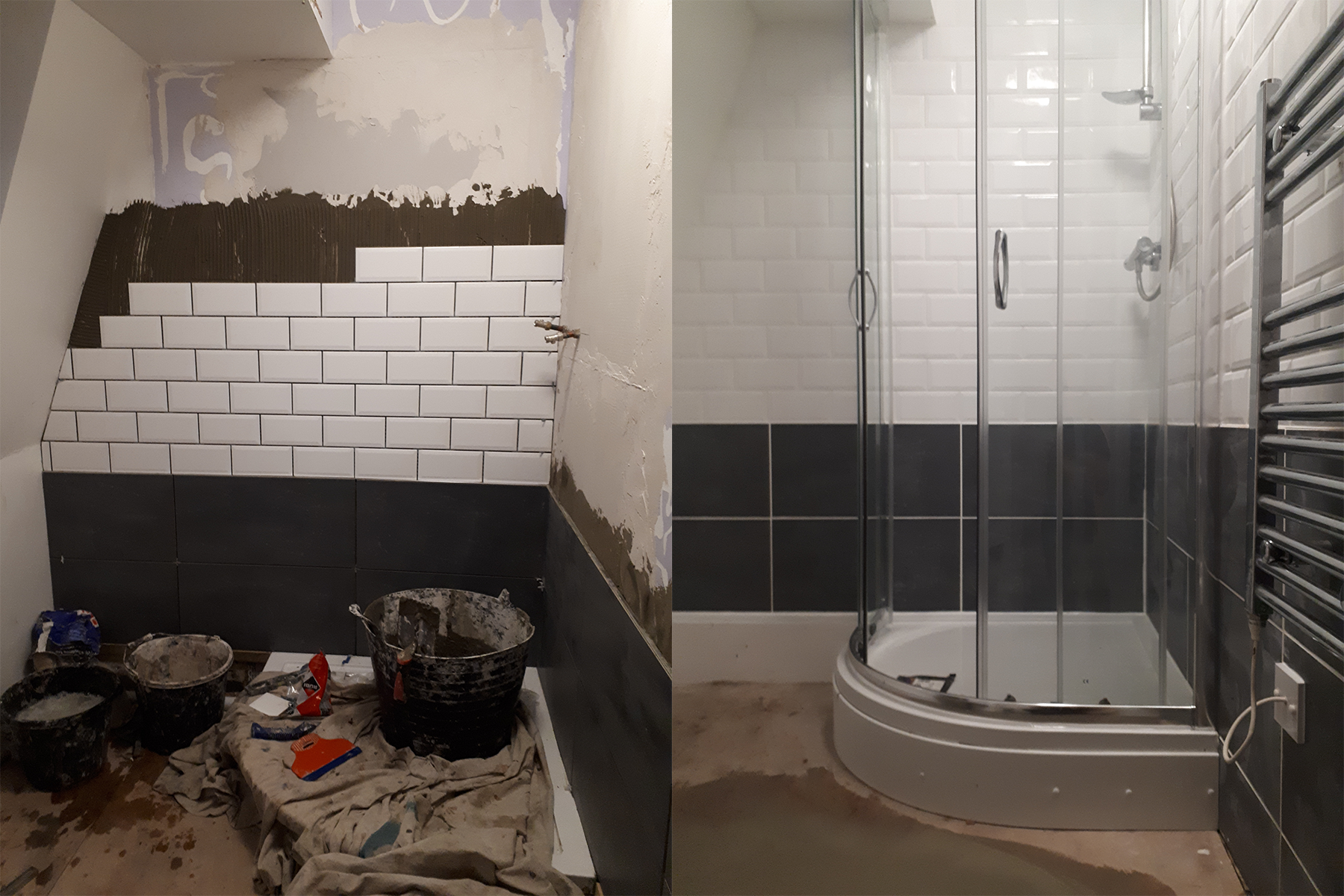 A work in progress and a nearly finished shot of a shower room I did the tiling in.