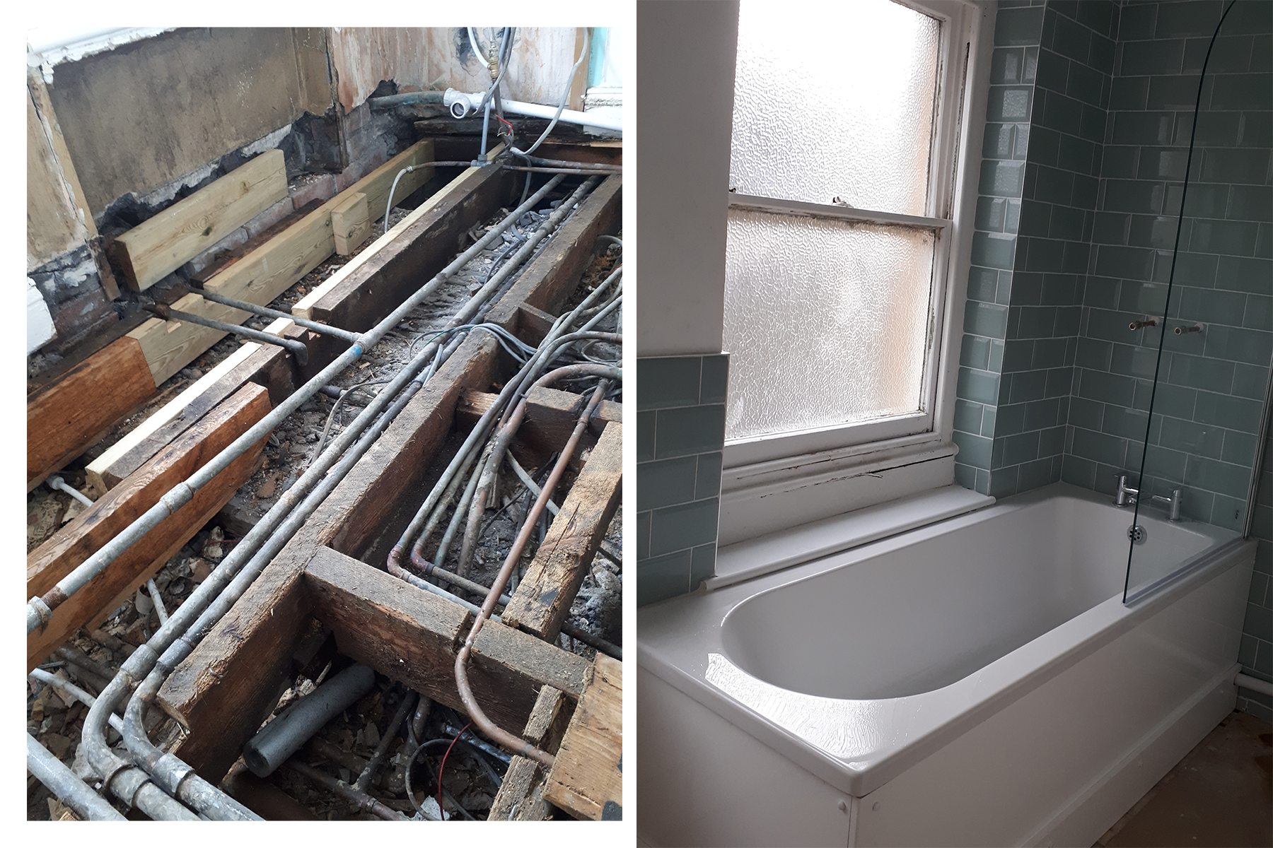 This picture contains before and after shots of a bathroom refurbishment where we had to replace the entire floor and repair the joists. There were pipes all over the place  and it was in incredibly difficult job.