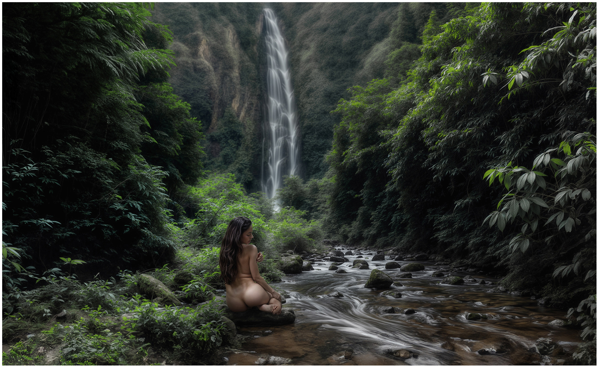 Nude by waterfall