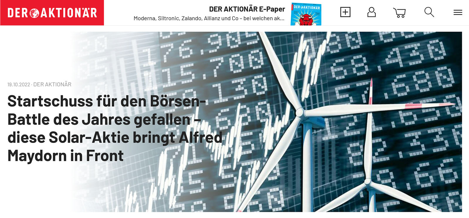Homepage Der Aktionär Börsenmagazin mit Composing aus Windrädern und Börsenkursen