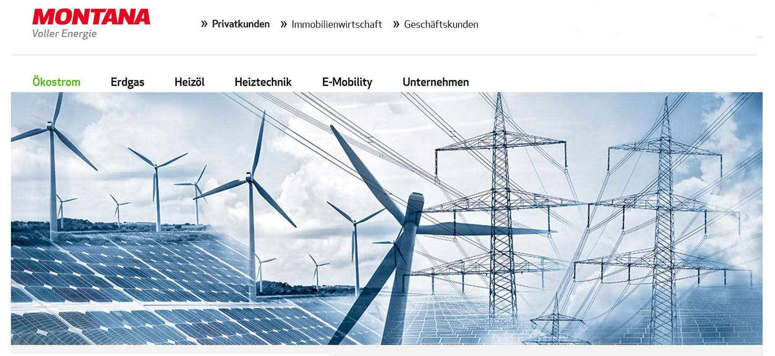 Webseite des Energieversorgers Montana mit Illustration aus Fotografien mit Windrädern, Solarmodulen und Strommasten