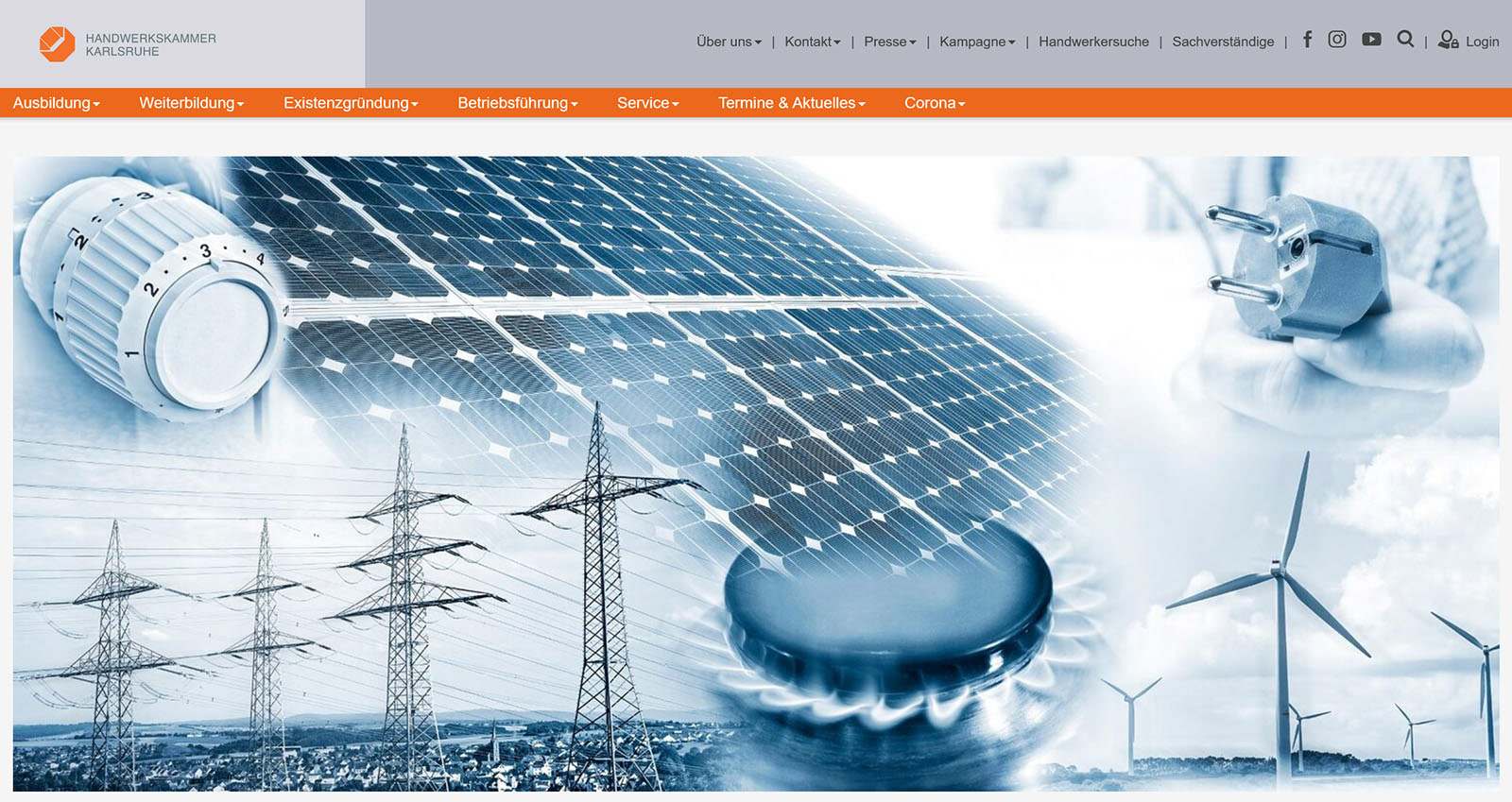 Homepage der Handwerkskammer Karlsruhe mit Illustration aus Fotografien mit Windrädern, Solarmodulen, Strommasten Heizungsthermostat, Gasherd und Stromstecker