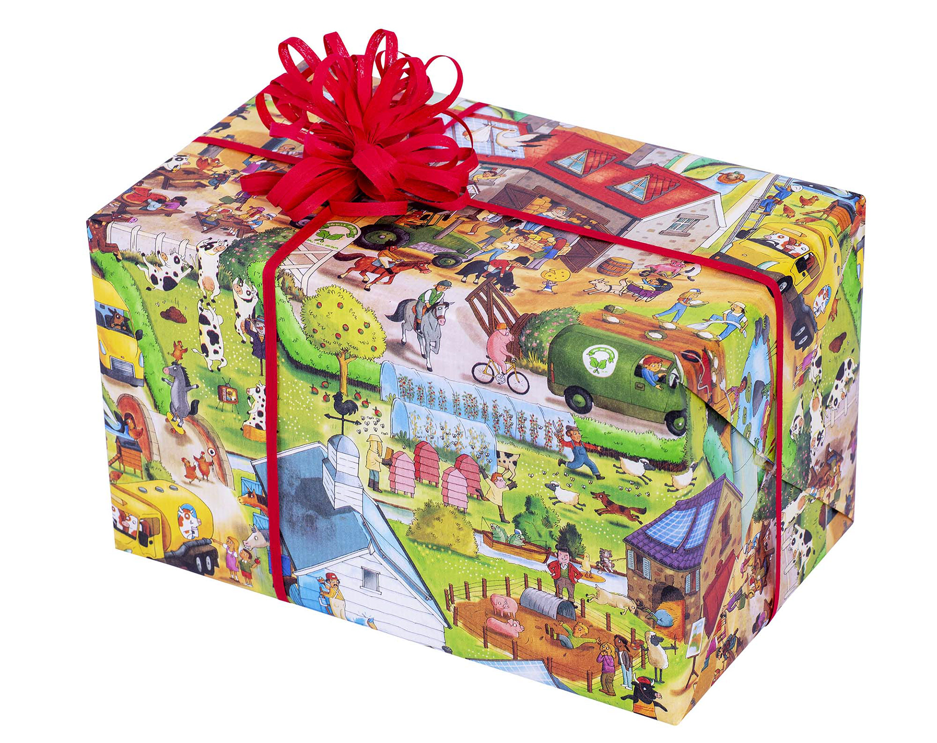 Außergewöhnliches Geschenkpapier für Kinder mit unverwechselbaren Motiven für Fachhändler und Endverbraucher hier in der Anwendug an einem Paket. Studio für Produktfotografie - Fotograf Frankfurt Klaus Ohlenschlaeger