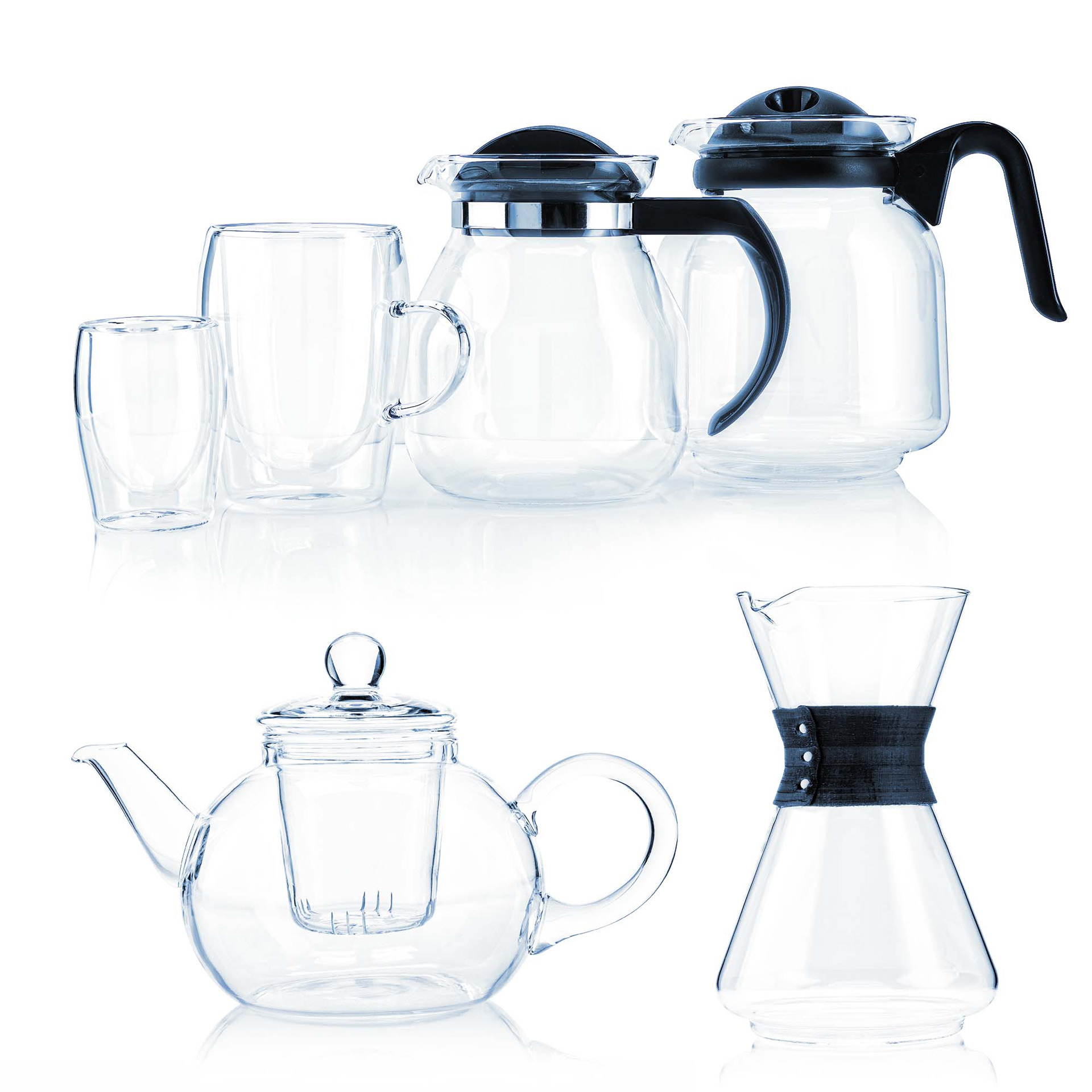 Kaffekannen, Teekannen, Becher und Karaffe aus hitzebeständigem Haushaltsglas. Studio für Produktfotografie - Klaus Ohlenschlaeger Fotograf Frankfurt